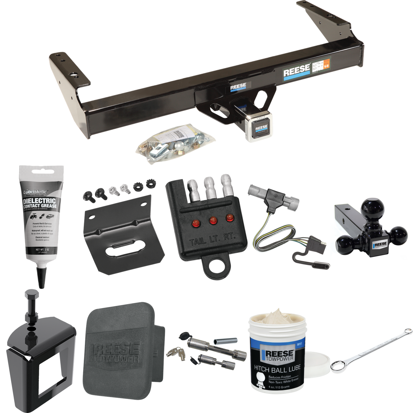 Fits 1987-1996 Ford F-350 Trailer Hitch Tow PKG w/ 4-Flat Wiring + Triple Ball Ball Mount 1-7/8" & 2" & 2-5/16" Trailer Balls + Wiring Bracket + Hitch Cover + Dual Hitch & Coupler Locks + Wiring Tester + Ball Lube + Electric Grease + Ball Wrench + An