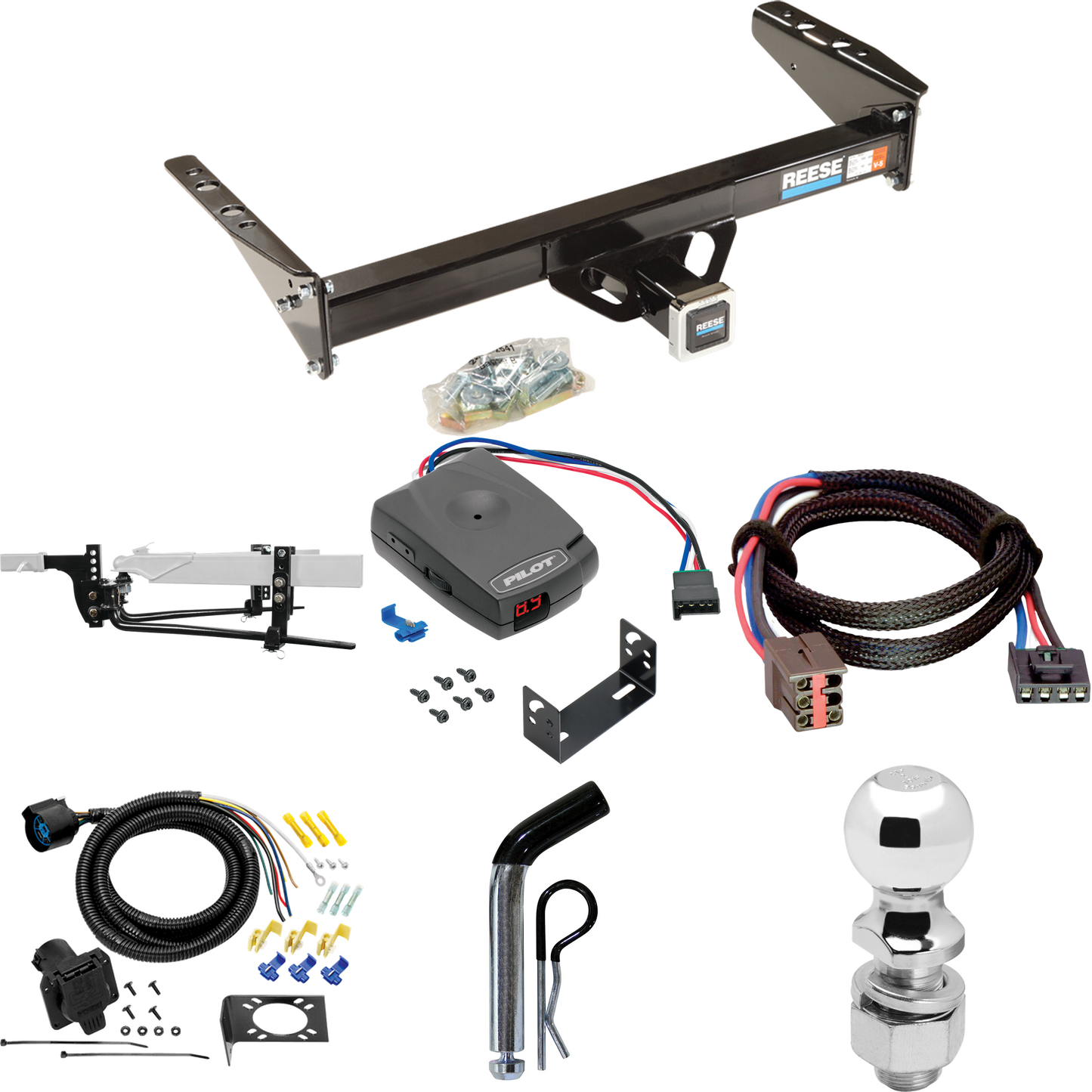 Fits 1994-1996 Ford F-150 Trailer Hitch Tow PKG w/ 8K Round Bar Weight Distribution Hitch w/ 2-5/16" Ball + 2" Ball + Pin/Clip + Pro Series Pilot Brake Control + Plug & Play BC Adapter + 7-Way RV Wiring (For Flareside, w/Rear Fascia Models) By Reese