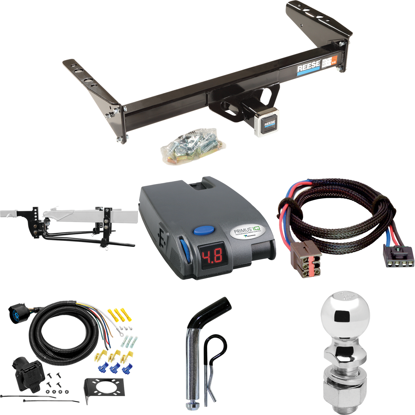 Fits 1994-1996 Ford F-150 Trailer Hitch Tow PKG w/ 8K Round Bar Weight Distribution Hitch w/ 2-5/16" Ball + 2" Ball + Pin/Clip + Tekonsha Primus IQ Brake Control + Plug & Play BC Adapter + 7-Way RV Wiring (For Flareside, w/Rear Fascia Models) By Rees