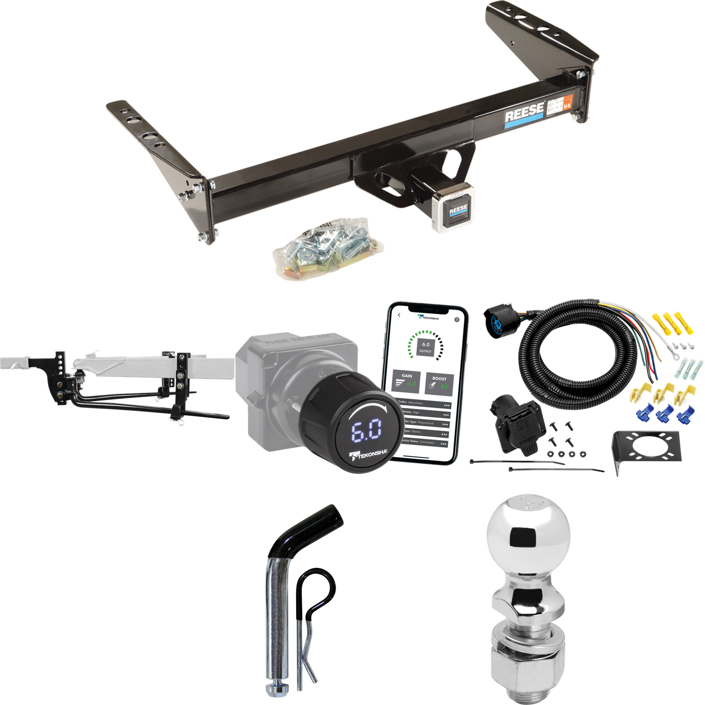 Fits 1992-1993 Ford F-150 Trailer Hitch Tow PKG w/ 8K Round Bar Weight Distribution Hitch w/ 2-5/16" Ball + 2" Ball + Pin/Clip + Tekonsha Prodigy iD Bluetooth Wireless Brake Control + 7-Way RV Wiring (For Flareside, w/Rear Fascia Models) By Reese Tow