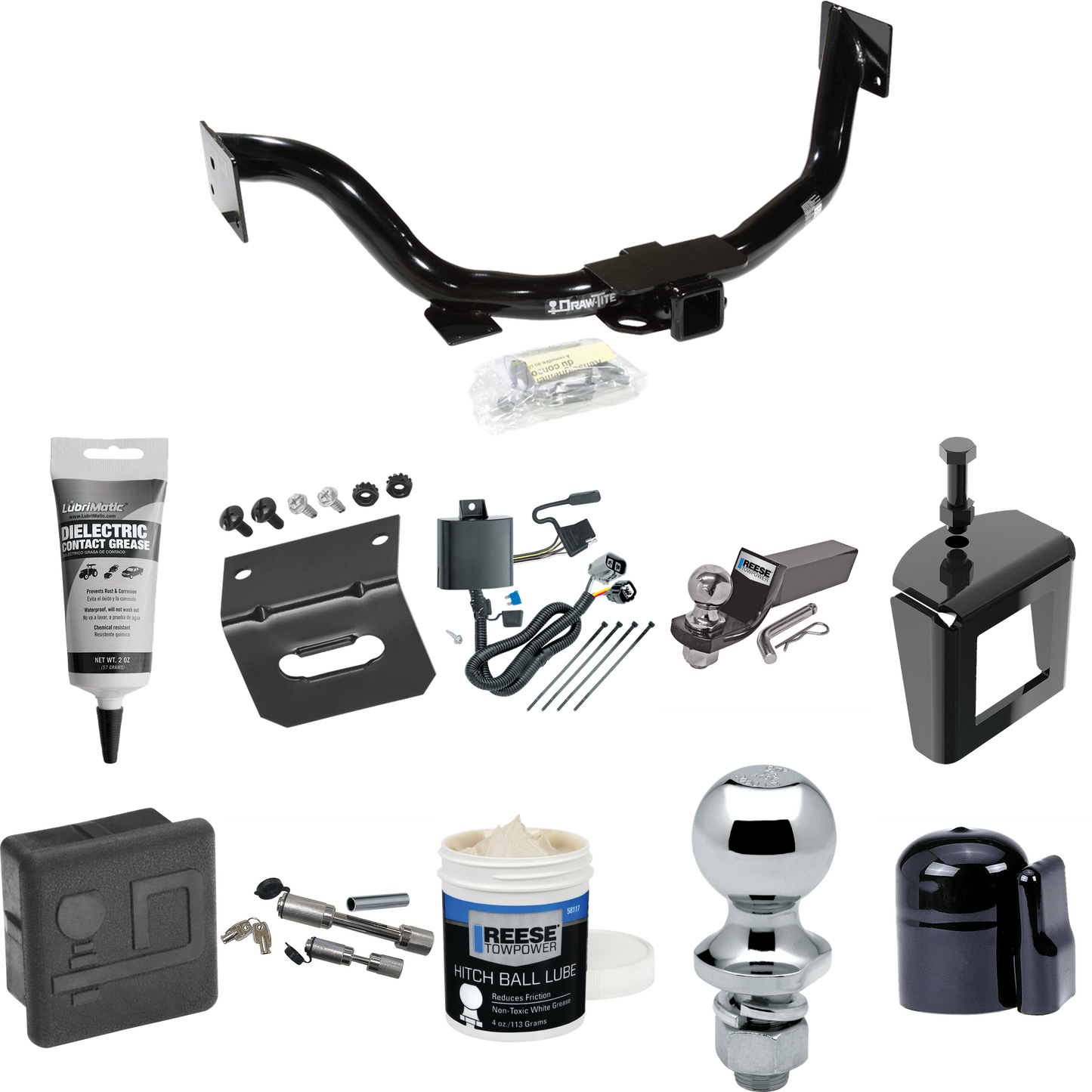 Fits 2007-2009 KIA Sorento Trailer Hitch Tow PKG w/ 4-Flat Wiring + Starter Kit Ball Mount w/ 2" Drop & 2" Ball + 1-7/8" Ball + Wiring Bracket + Dual Hitch & Coupler Locks + Hitch Cover + Wiring Tester + Ball Lube +Electric Grease + Ball Wrench + Ant