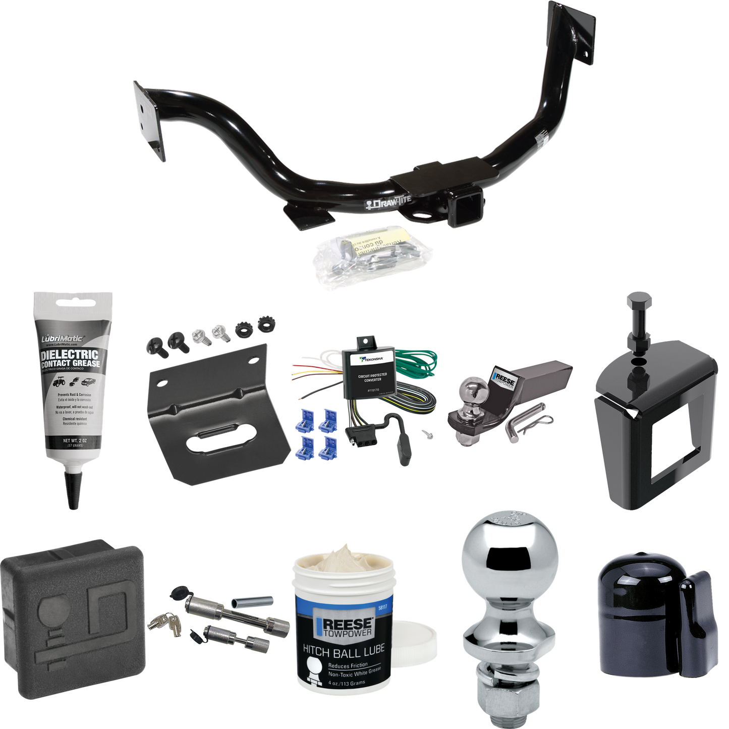 Fits 2003-2006 KIA Sorento Trailer Hitch Tow PKG w/ 4-Flat Wiring + Starter Kit Ball Mount w/ 2" Drop & 2" Ball + 1-7/8" Ball + Wiring Bracket + Dual Hitch & Coupler Locks + Hitch Cover + Wiring Tester + Ball Lube +Electric Grease + Ball Wrench + Ant