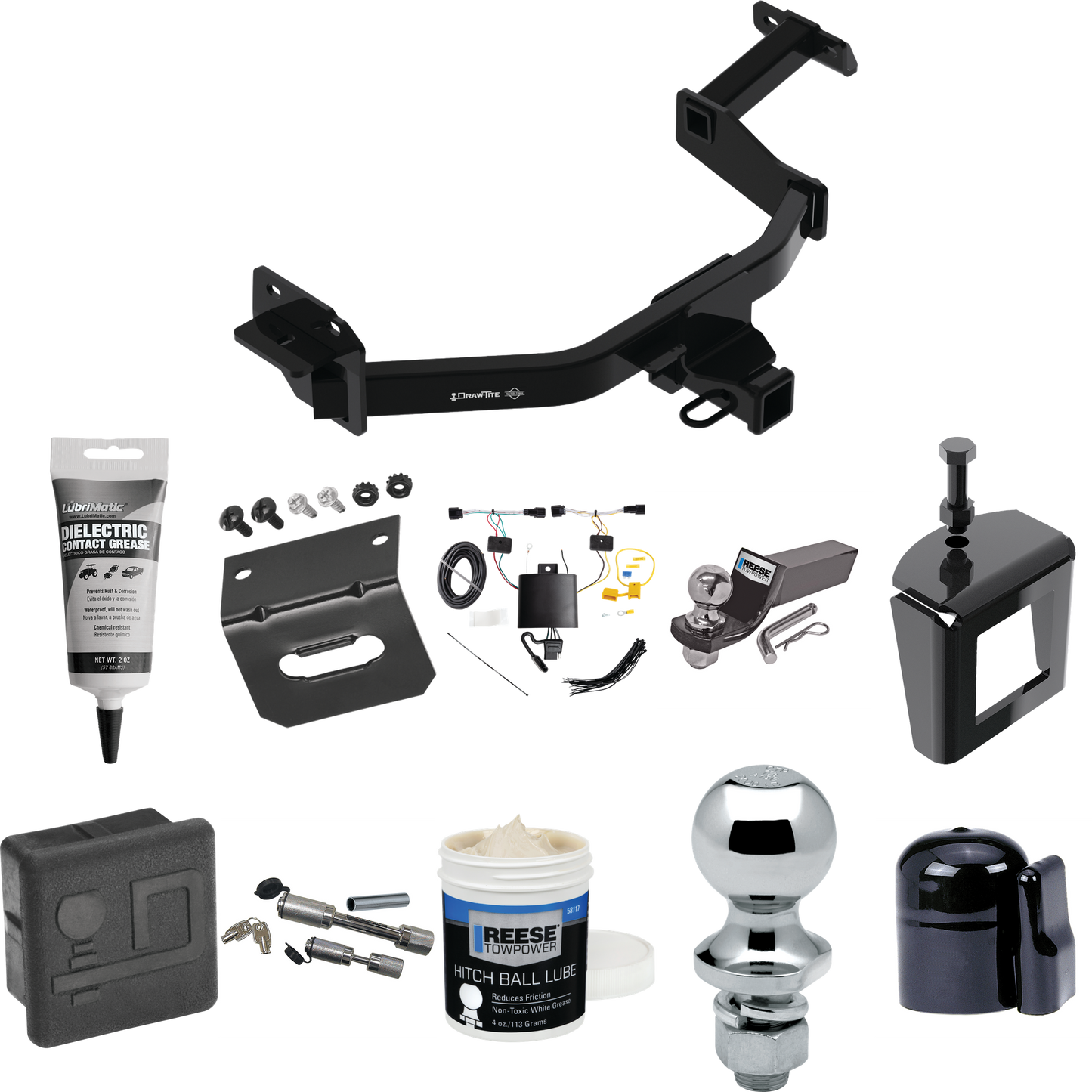 Fits 2021-2022 KIA Sorento Trailer Hitch Tow PKG w/ 4-Flat Wiring + Starter Kit Ball Mount w/ 2" Drop & 2" Ball + 1-7/8" Ball + Wiring Bracket + Dual Hitch & Coupler Locks + Hitch Cover + Wiring Tester + Ball Lube +Electric Grease + Ball Wrench + Ant