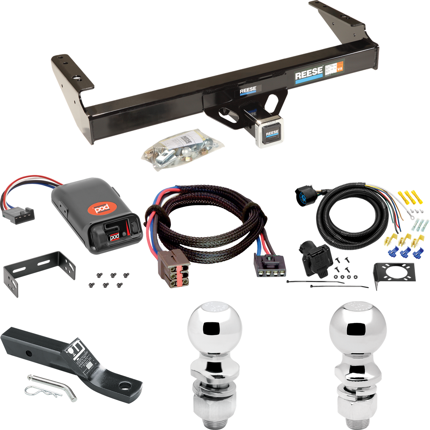 Se adapta al paquete de enganche de remolque Ford F-250 HD 1997-1997 con control de freno POD serie Pro + adaptador BC Plug &amp; Play + cableado RV de 7 vías + soporte de bola y caída de 2" y 2-5/16" de Reese Towpower