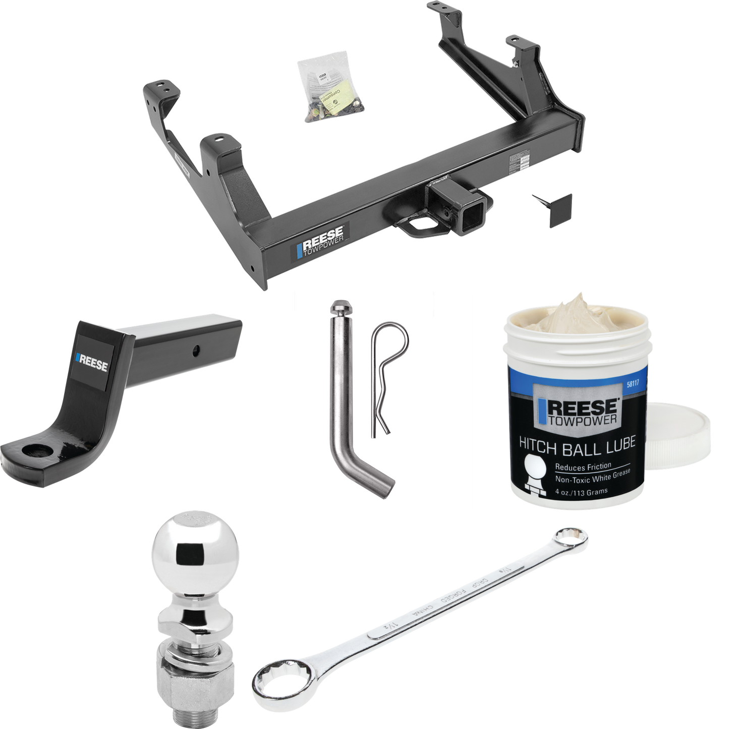 Fits 2015-2019 Chevrolet Silverado 3500 HD Trailer Hitch Tow PKG w/ Ball Mount w/ 5" Drop + Pin/Clip + 2-5/16" Ball + Ball Wrench + Ball Lube By Reese Towpower