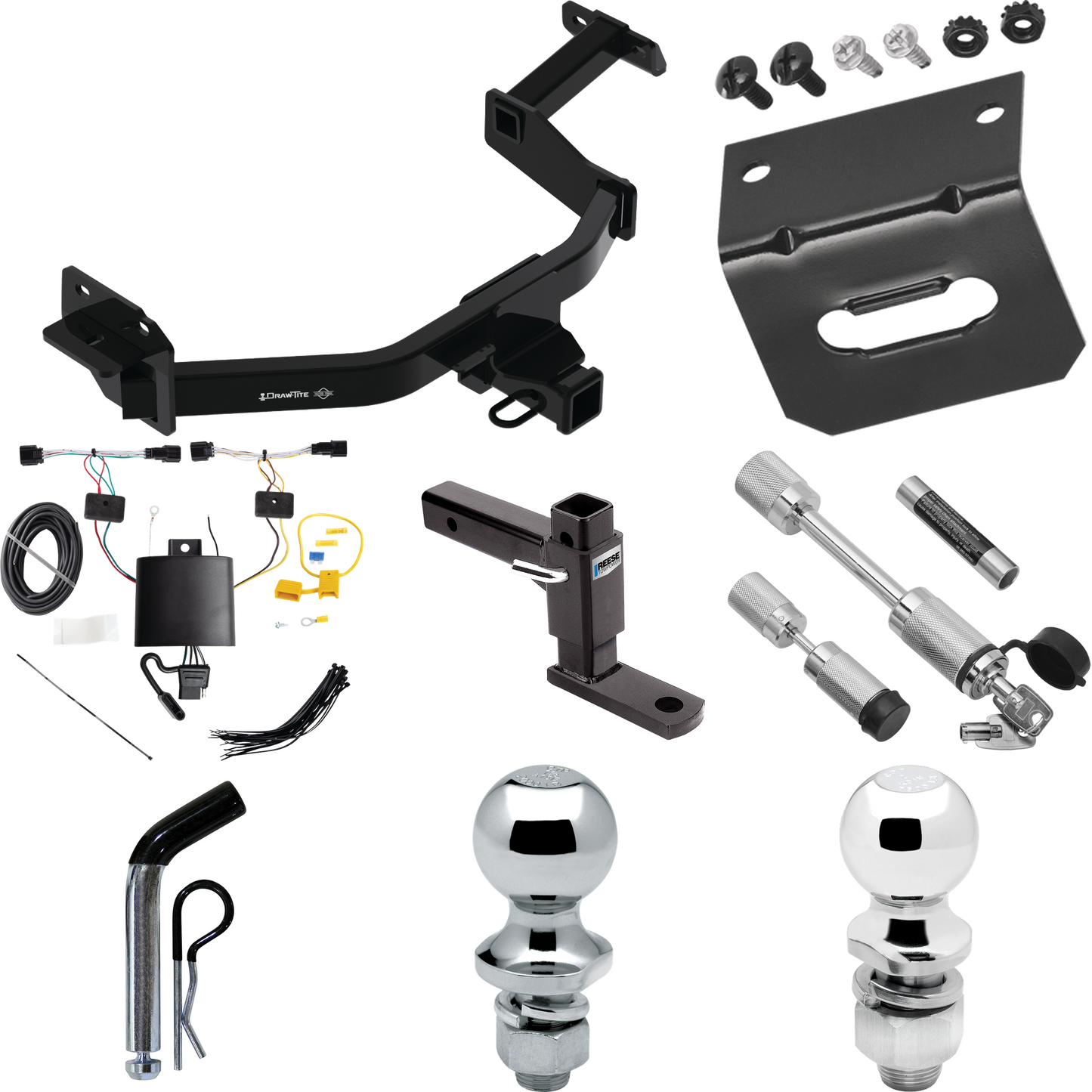 Fits 2021-2022 KIA Sorento Trailer Hitch Tow PKG w/ 4-Flat Wiring Harness + Adjustable Drop Rise Ball Mount + Pin/Clip + 2" Ball + 1-7/8" Ball + Dual Hitch & Coupler Locks By Draw-Tite