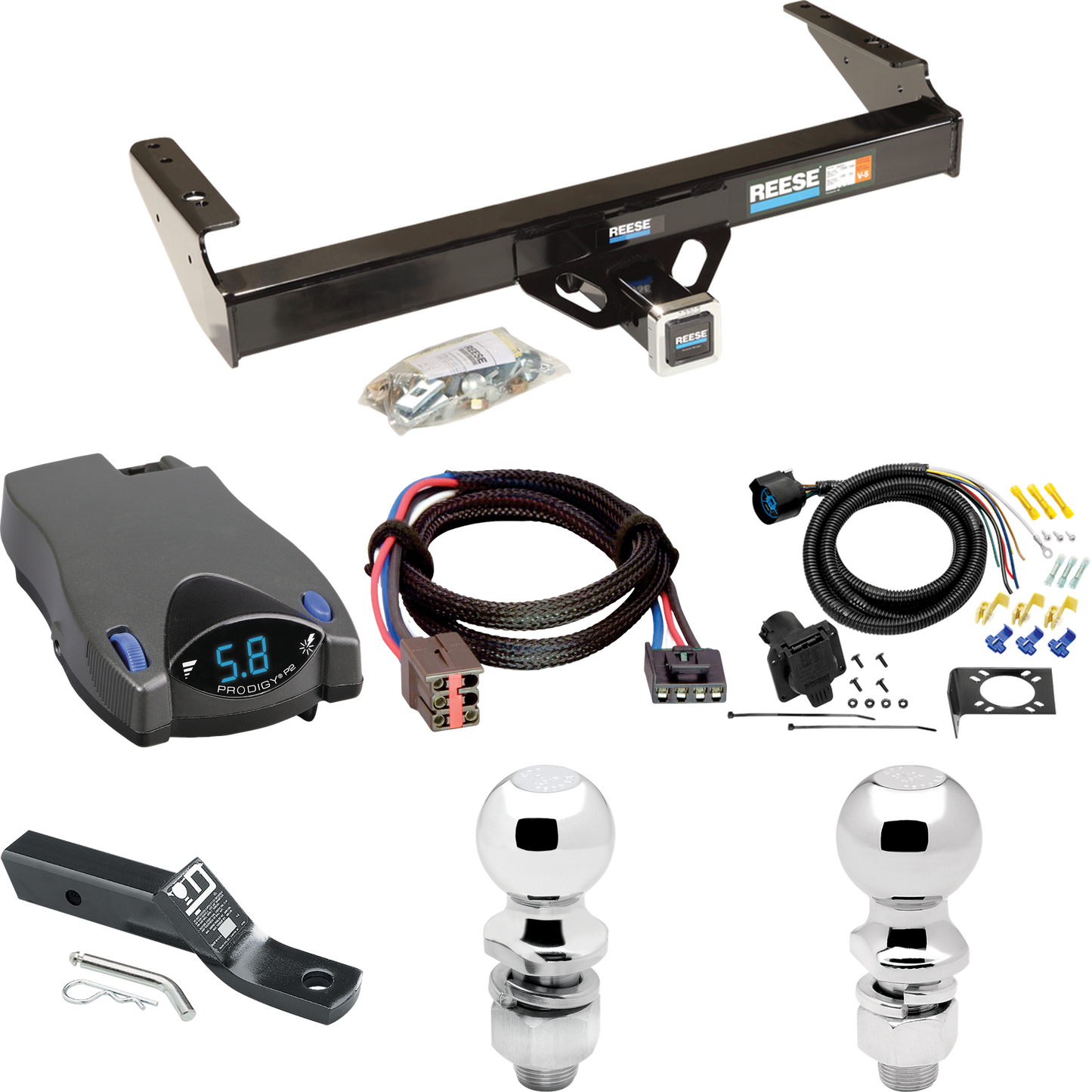 Se adapta al paquete de remolque con enganche para remolque Ford F-250 HD 1997-1997 con control de freno Tekonsha Prodigy P2 + adaptador BC Plug &amp; Play + cableado RV de 7 vías + soporte de bola y caída de 2" y 2-5/16" de Reese Towpower