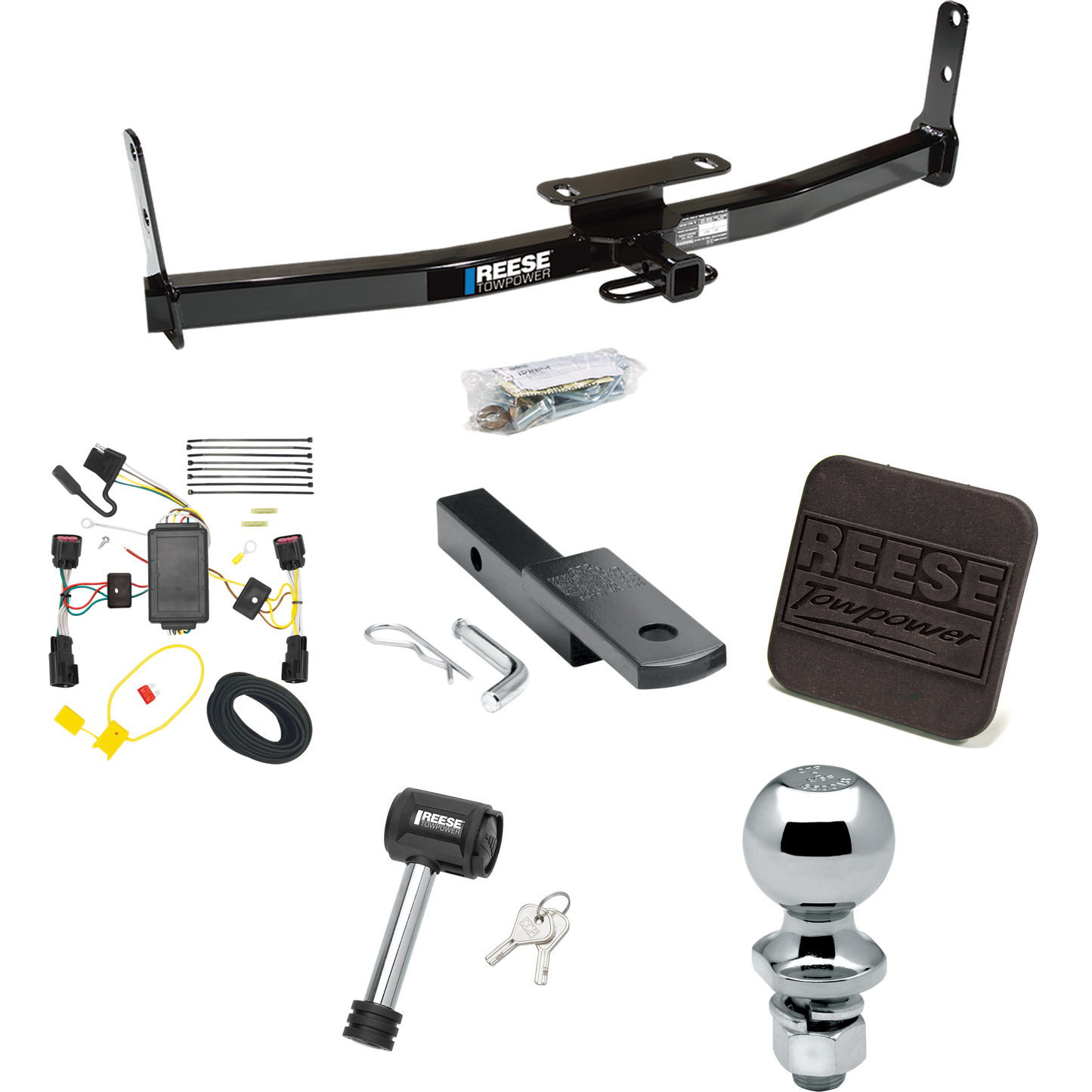 Se adapta al paquete de remolque con enganche para remolque Chevrolet Equinox 2010-2017 con arnés de cableado plano de 4 + barra de tracción + bola de 2" + cubierta de enganche + bloqueo de enganche de Reese Towpower