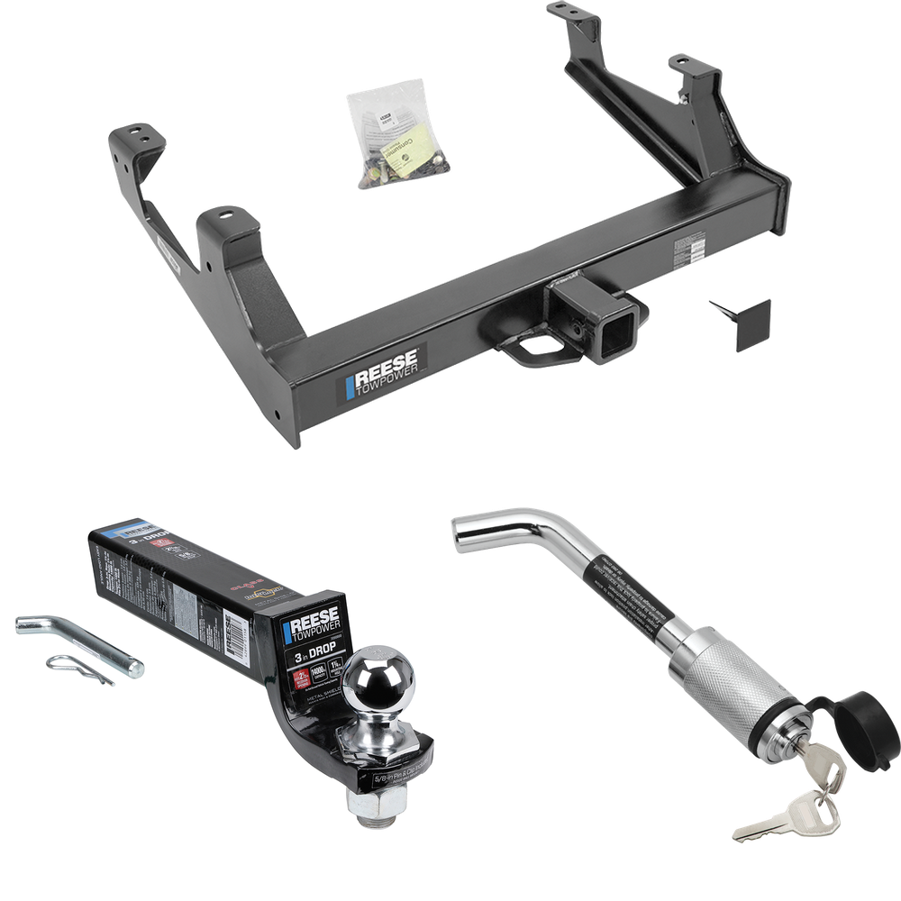 Fits 2015-2019 GMC Sierra 3500 HD Trailer Hitch Tow PKG w/ Interlock Ball Mount Starter Kit 3" Drop w/ 2" Ball + Hitch Lock By Reese Towpower