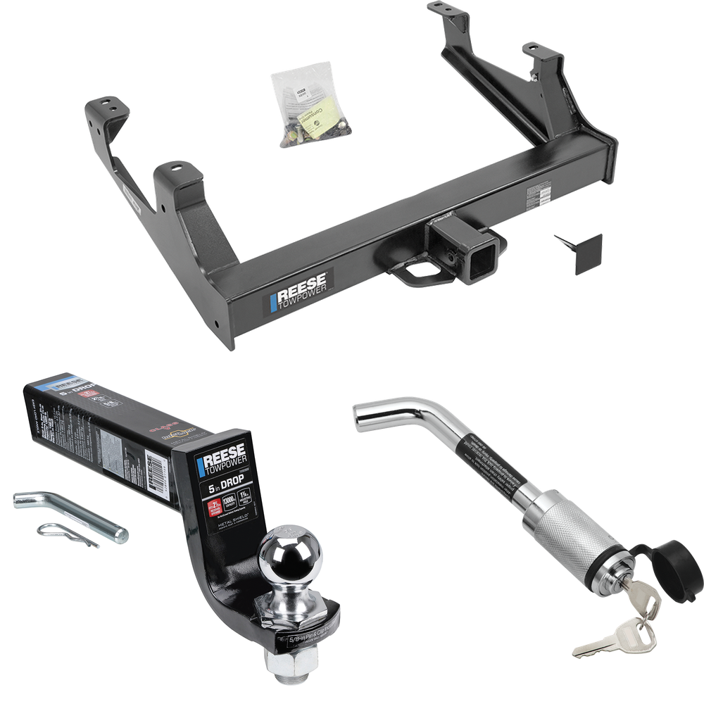 Fits 2015-2019 GMC Sierra 3500 HD Trailer Hitch Tow PKG w/ Interlock Ball Mount Starter Kit 5" Drop w/ 2" Ball + Hitch Lock By Reese Towpower