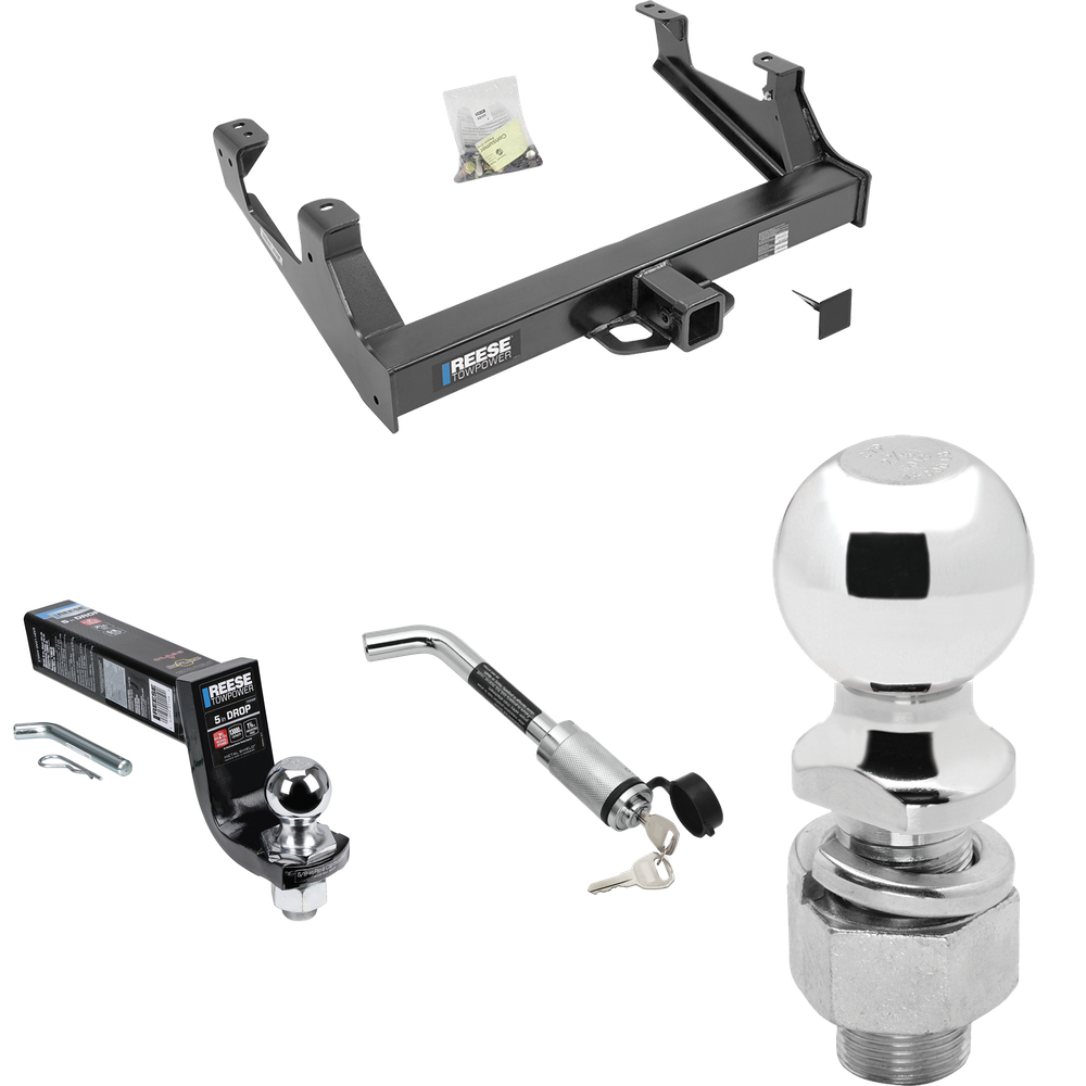 Fits 2015-2019 Chevrolet Silverado 3500 HD Trailer Hitch Tow PKG w/ Interlock Ball Mount Starter Kit 5" Drop w/ 2" Ball + Hitch Lock + 2-5/16" Ball + Hitch Lock By Reese Towpower