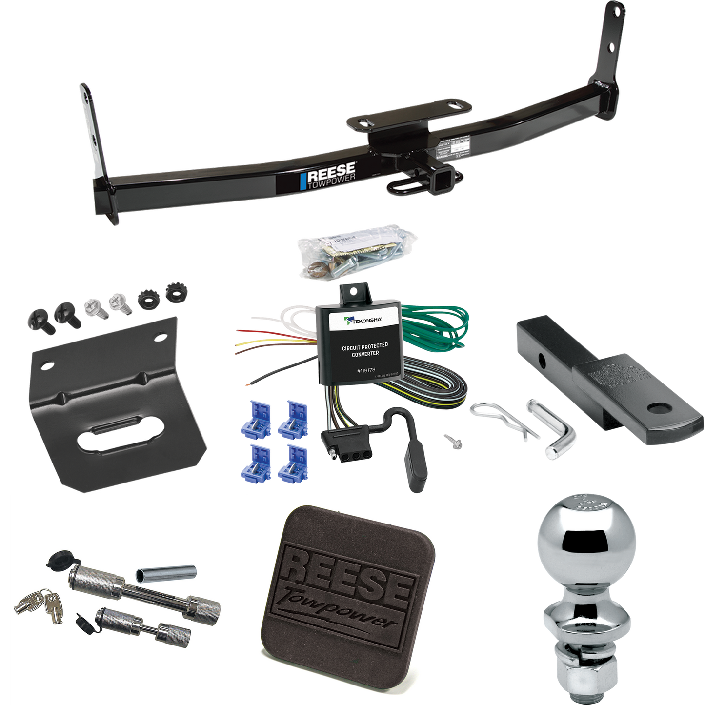 Se adapta al paquete de remolque Pontiac Torrent 2007-2009 con arnés de cableado de 4 planos + barra de tracción + bola de 2" + soporte de cableado + cubierta de enganche + enganche doble y cerraduras de acoplador de Reese Towpower