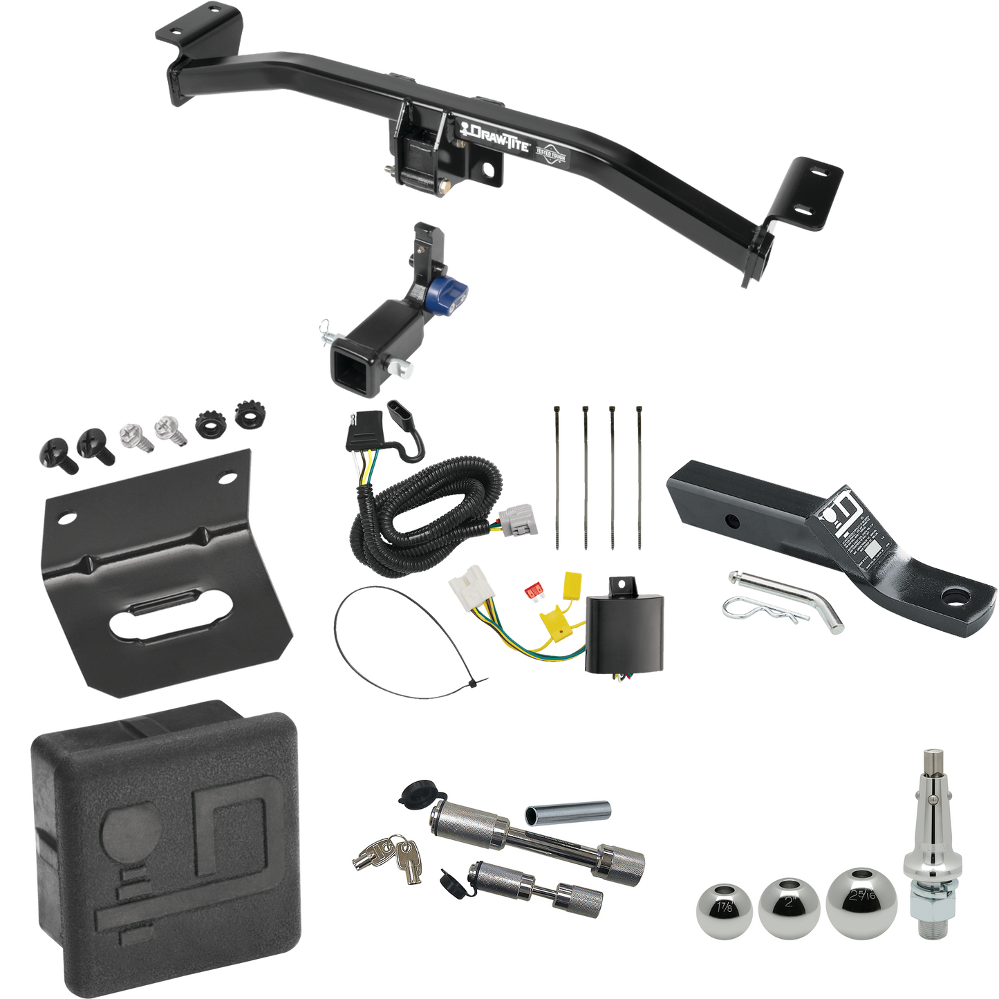 Fits 2016-2022 Lexus RX350 Trailer Hitch Tow PKG w/ 4-Flat Wiring + Ball Mount w/ 2" Drop + Interchangeable Ball 1-7/8" & 2" & 2-5/16" + Wiring Bracket + Dual Hitch & Coupler Locks + Hitch Cover By Draw-Tite