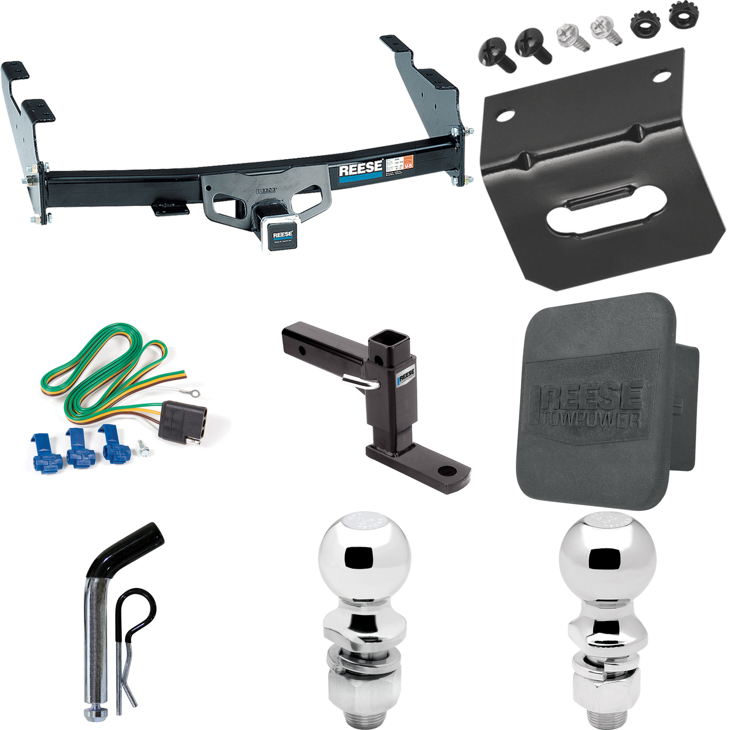 Fits 1997-2003 Ford F-150 Trailer Hitch Tow PKG w/ 4-Flat Wiring + Adjustable Drop Rise Ball Mount + Pin/Clip + 2" Ball + 2-5/16" Ball + Wiring Bracket + Hitch Cover (For Styleside Models) By Reese Towpower