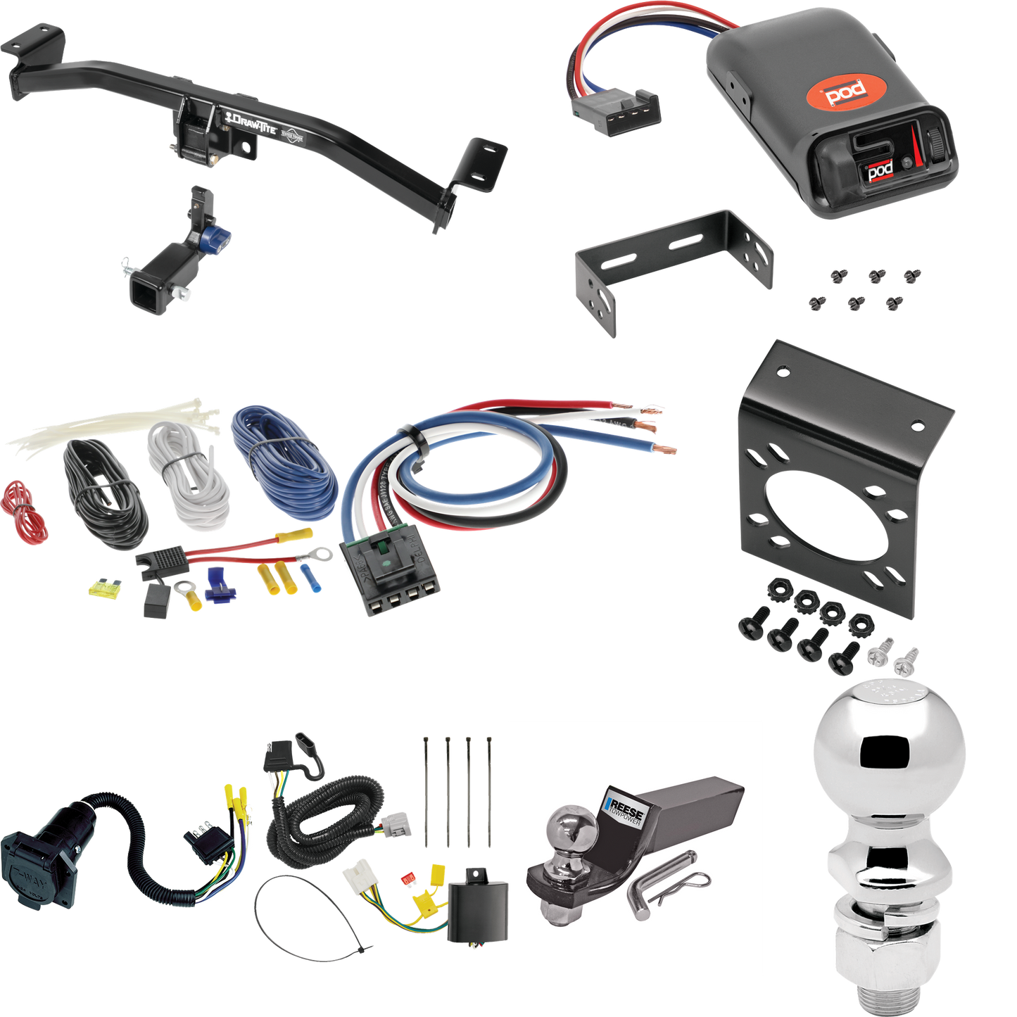 Se adapta al paquete de enganche de remolque oculto Lexus RX350 2016-2022 con control de freno POD serie Pro + adaptador de cableado BC genérico + cableado RV de 7 vías + soporte de bola y caída de 2" y 2-5/16" de Draw-Tite