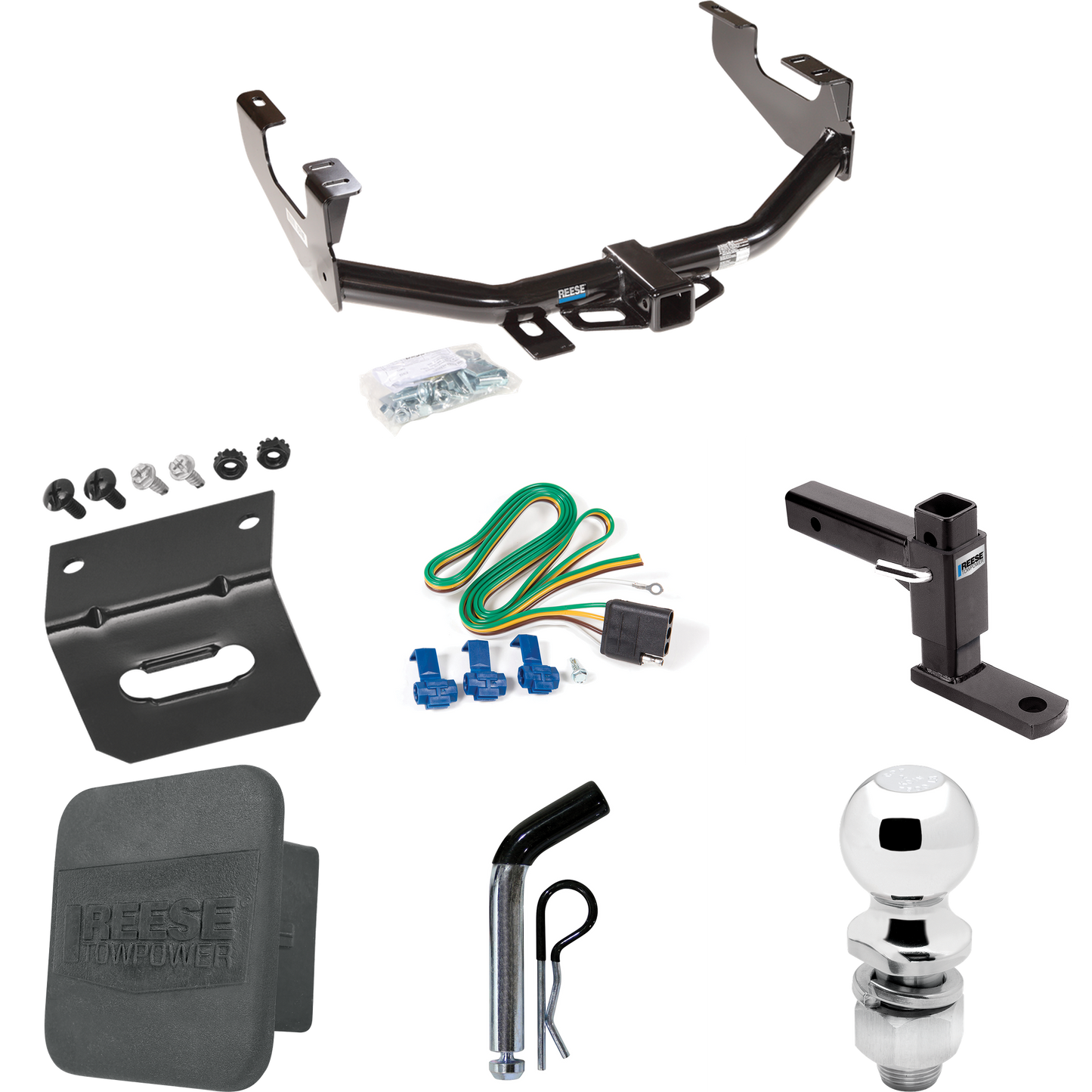 Fits 1999-2007 Ford F-250 Super Duty Trailer Hitch Tow PKG w/ 4-Flat Wiring + Adjustable Drop Rise Ball Mount + Pin/Clip + 2" Ball + Wiring Bracket + Hitch Cover (Excludes: Cab & Chassis Models) By Reese Towpower