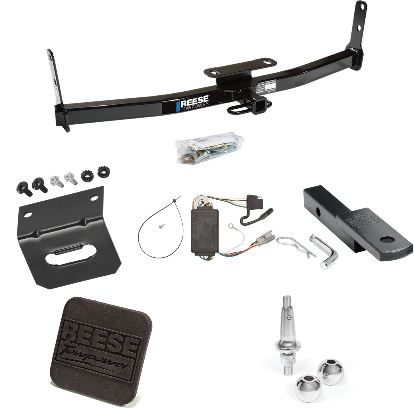 Se adapta al paquete de enganche de remolque Pontiac Torrent 2006-2006 con arnés de cableado de 4 planos + barra de tracción + bolas intercambiables de 1-7/8" y 2" + soporte de cableado + cubierta de enganche de Reese Towpower