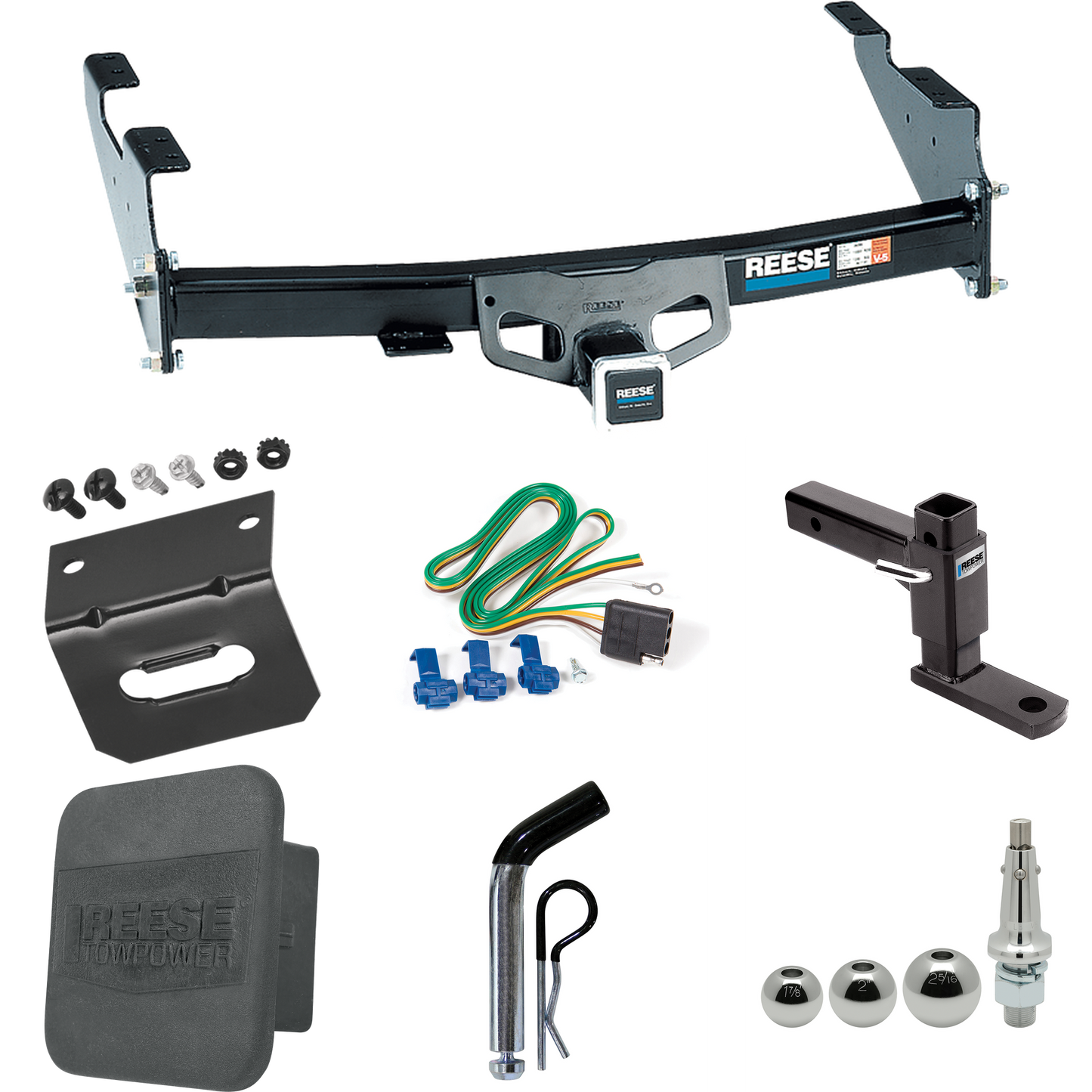 Fits 1997-1999 Ford F-250 Trailer Hitch Tow PKG w/ 4-Flat Wiring + Adjustable Drop Rise Ball Mount + Pin/Clip + Inerchangeable 1-7/8" & 2" & 2-5/16" Balls + Wiring Bracket + Hitch Cover (For Styleside Models) By Reese Towpower