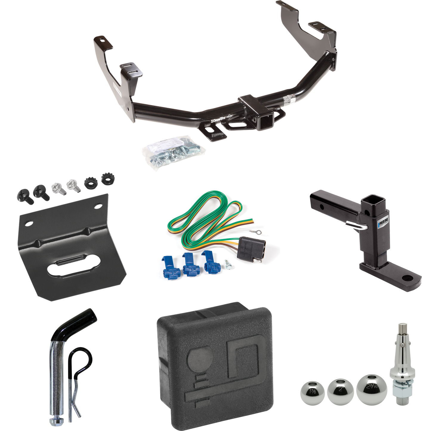 Fits 2004-2004 Ford F-150 Heritage Trailer Hitch Tow PKG w/ 4-Flat Wiring + Adjustable Drop Rise Ball Mount + Pin/Clip + Inerchangeable 1-7/8" & 2" & 2-5/16" Balls + Wiring Bracket + Hitch Cover (For Styleside Models) By Draw-Tite