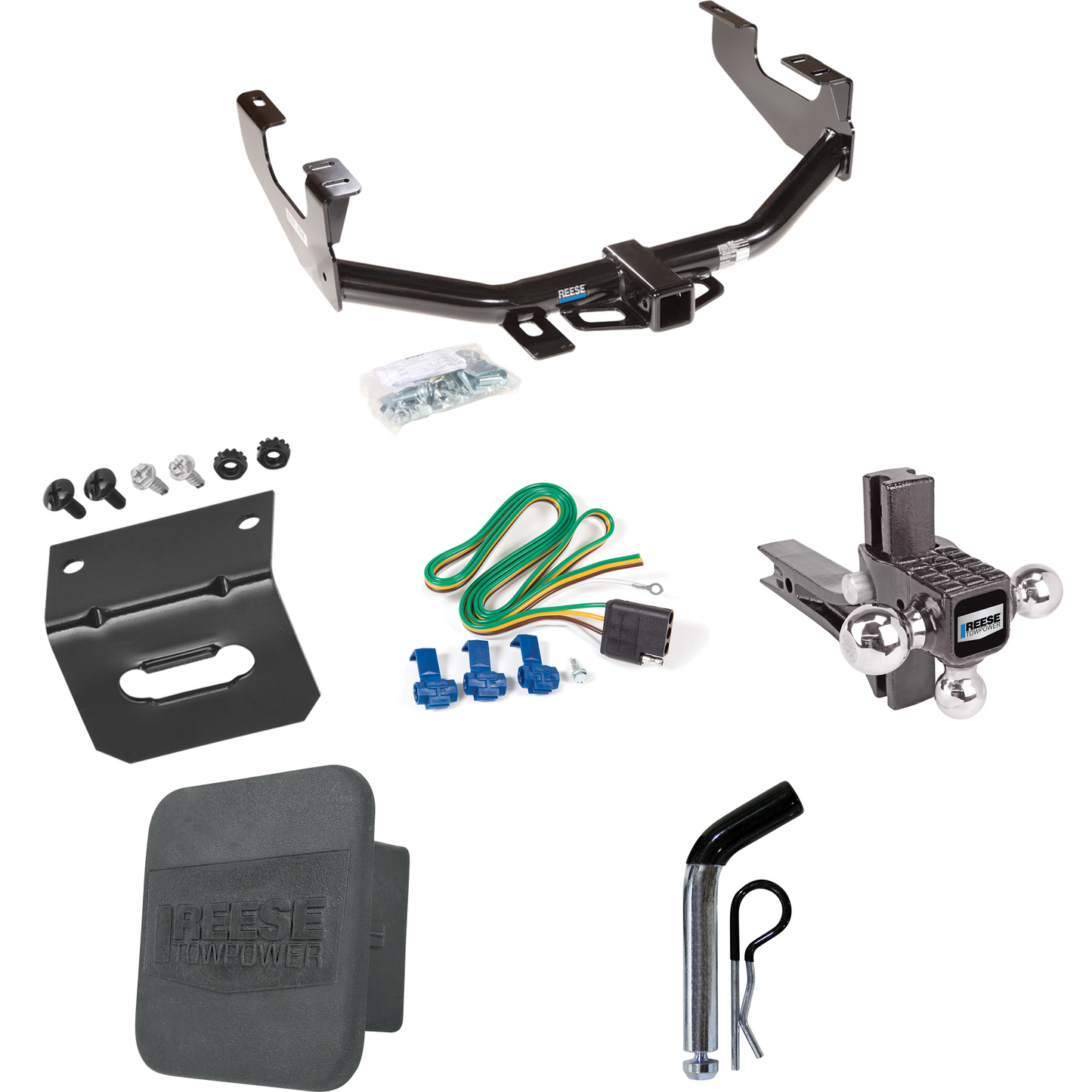 Fits 1999-2007 Ford F-250 Super Duty Trailer Hitch Tow PKG w/ 4-Flat Wiring + Adjustable Drop Rise Triple Ball Ball Mount 1-7/8" & 2" & 2-5/16" Trailer Balls + Pin/Clip + Wiring Bracket + Hitch Cover (Excludes: Cab & Chassis Models) By Reese Towpower