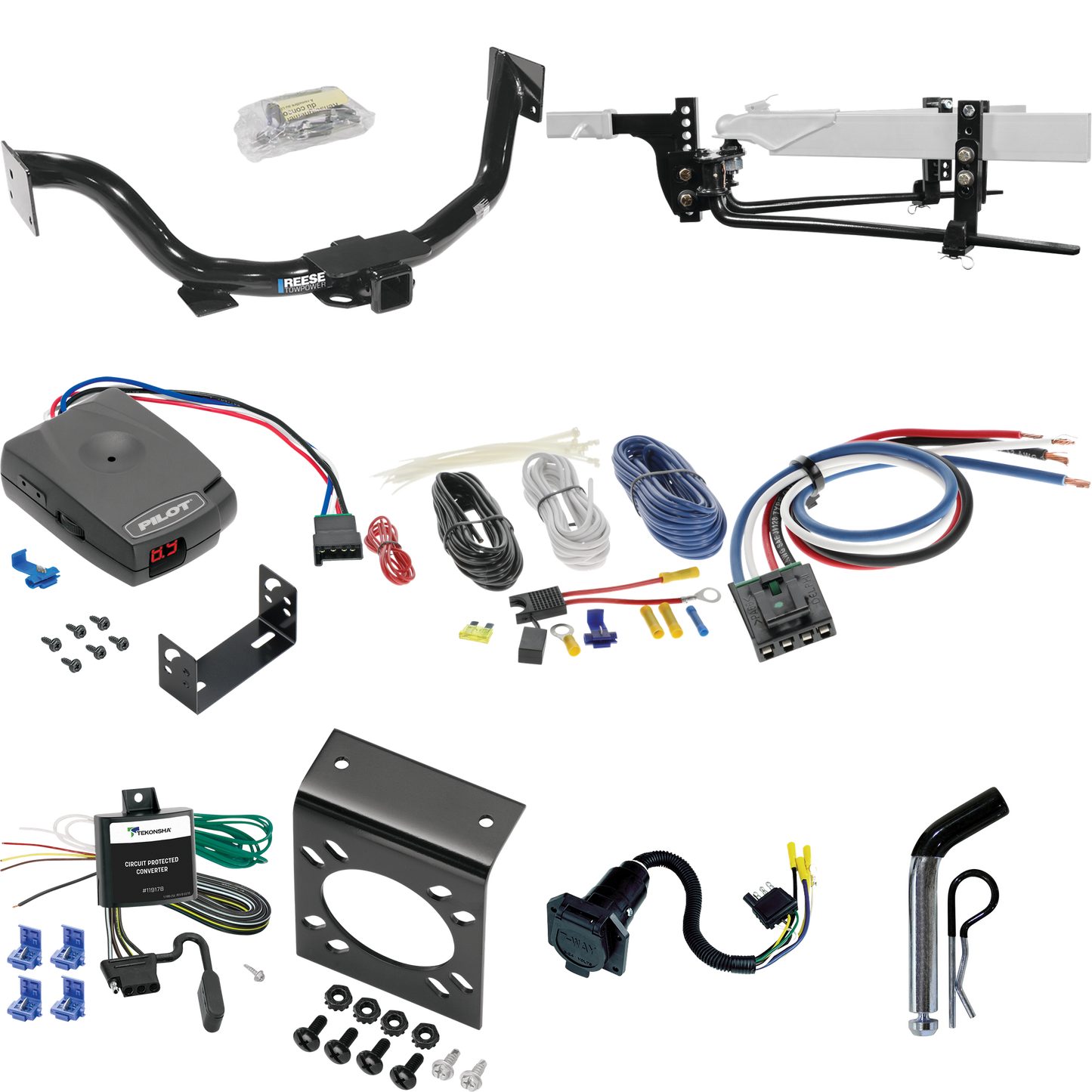 Fits 2003-2006 KIA Sorento Trailer Hitch Tow PKG w/ 6K Round Bar Weight Distribution Hitch w/ 2-5/16" Ball + Pin/Clip + Pro Series Pilot Brake Control + Generic BC Wiring Adapter + 7-Way RV Wiring By Reese Towpower