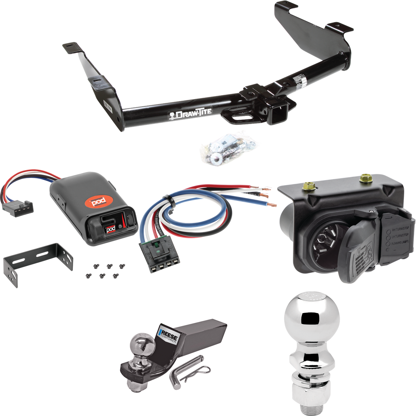 Fits 2007-2010 Chevrolet Silverado 2500 HD Trailer Hitch Tow PKG w/ Pro Series POD Brake Control + Generic BC Wiring Adapter + 7-Way RV Wiring + 2" & 2-5/16" Ball & Drop Mount By Draw-Tite