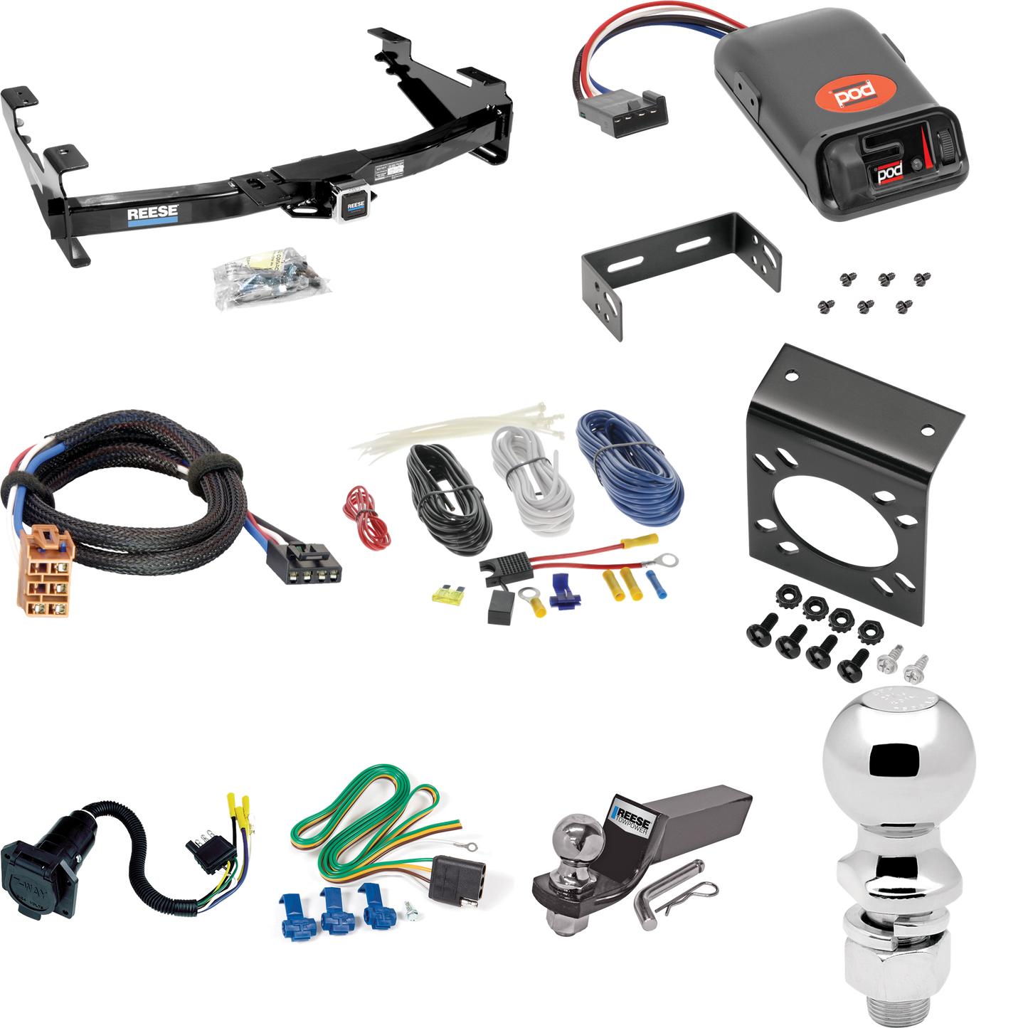 Se adapta al paquete de enganche de remolque GMC Sierra 3500 2001-2002 con control de freno POD serie Pro + adaptador BC Plug &amp; Play + cableado RV de 7 vías + soporte de bola y caída de 2" y 2-5/16" de Reese Towpower