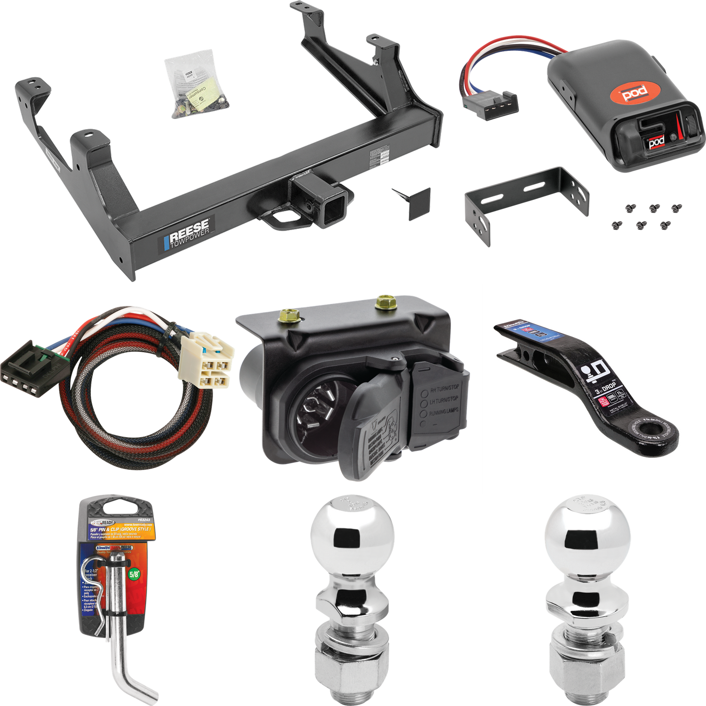 Se adapta al paquete de enganche de remolque Chevrolet Silverado 2500 HD 2015-2019 con control de freno POD serie Pro + adaptador BC Plug &amp; Play + cableado RV de 7 vías + soporte de bola y caída de 2" y 2-5/16" de Reese Towpower