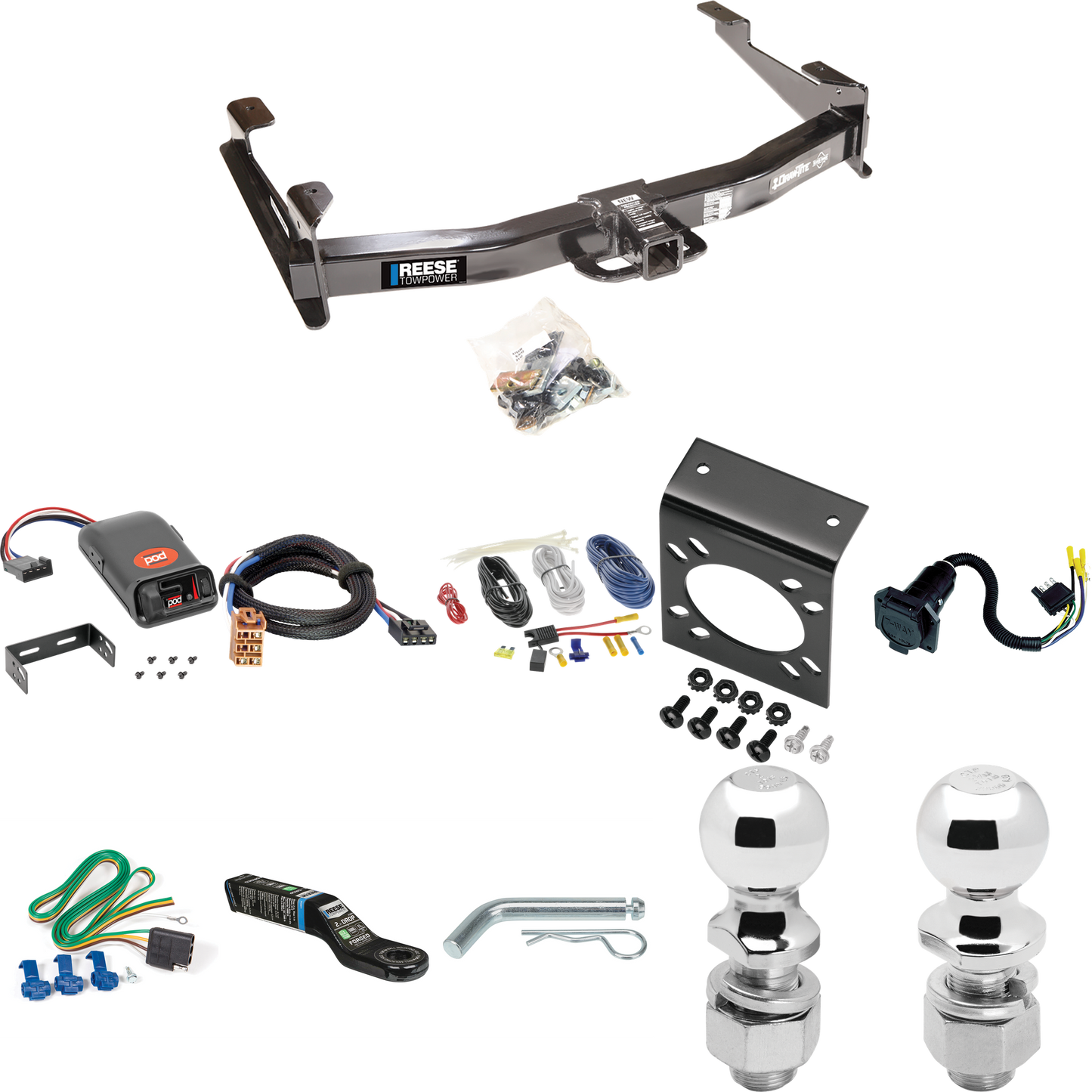 Fits 2001-2002 GMC Sierra 2500 HD Trailer Hitch Tow PKG w/ Pro Series POD Brake Control + Plug & Play BC Adapter + 7-Way RV Wiring + 2" & 2-5/16" Ball & Drop Mount By Reese Towpower