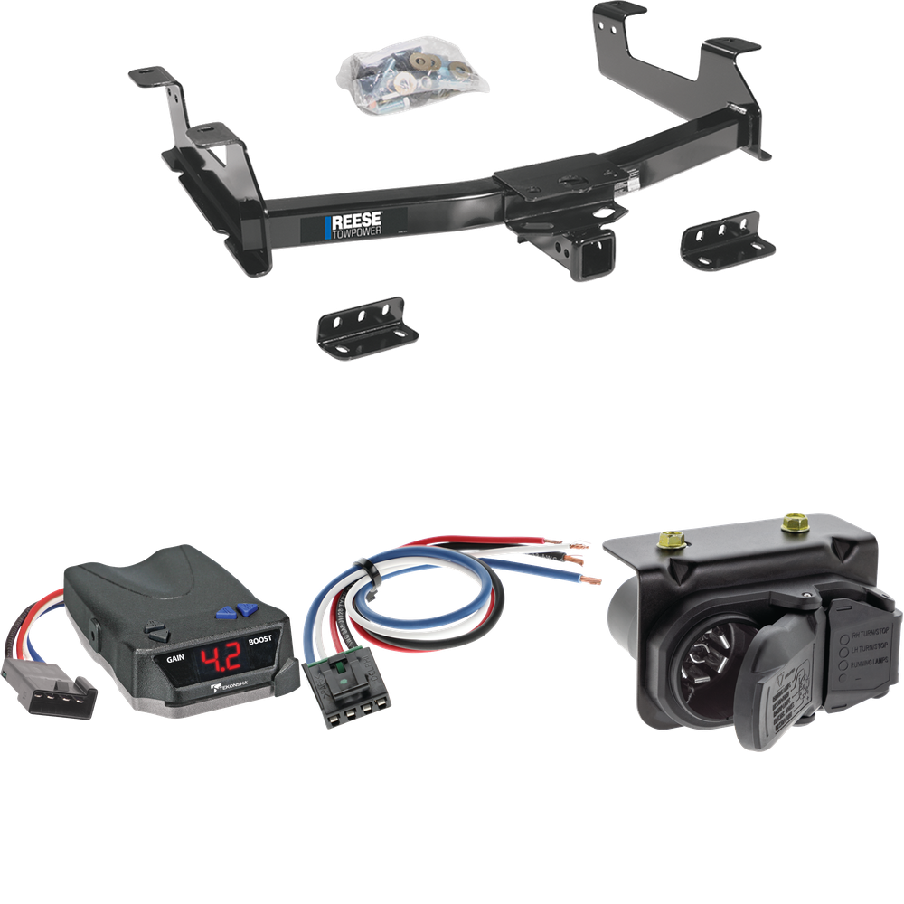 Fits 2011-2014 Chevrolet Silverado 3500 HD Trailer Hitch Tow PKG w/ Tekonsha BRAKE-EVN Brake Control + Generic BC Wiring Adapter + 7-Way RV Wiring By Reese Towpower