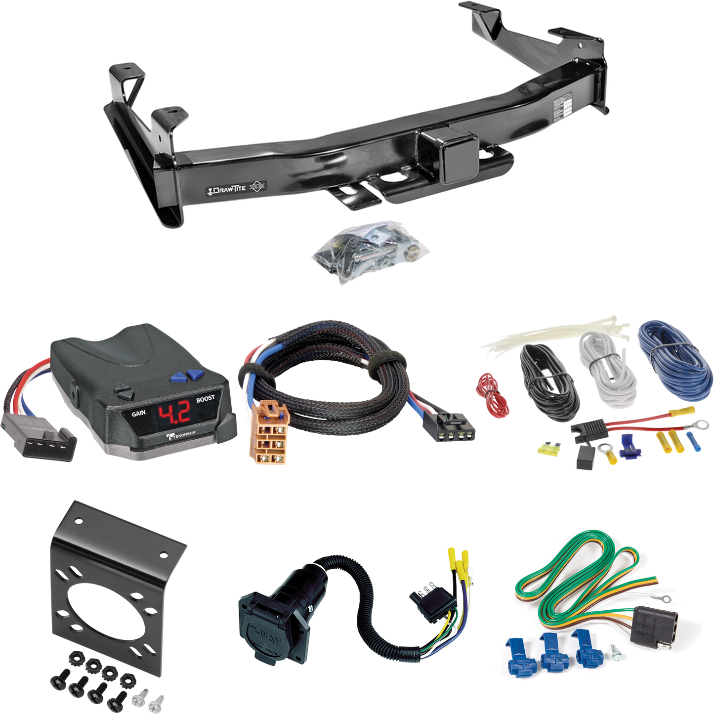 Fits 2001-2002 Chevrolet Silverado 2500 HD Trailer Hitch Tow PKG w/ Tekonsha BRAKE-EVN Brake Control + Plug & Play BC Adapter + 7-Way RV Wiring By Draw-Tite