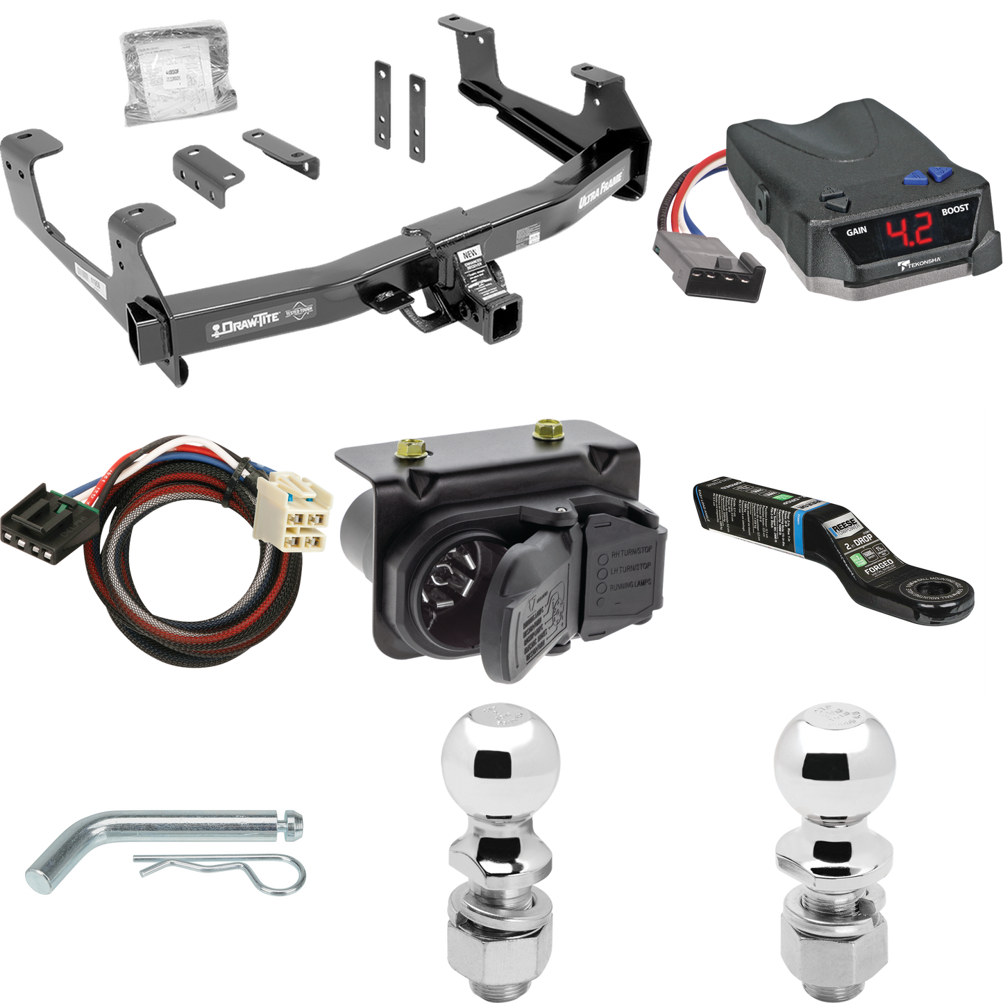 Fits 2015-2019 GMC Sierra 3500 HD Trailer Hitch Tow PKG w/ Tekonsha BRAKE-EVN Brake Control + Plug & Play BC Adapter + 7-Way RV Wiring + 2" & 2-5/16" Ball & Drop Mount By Draw-Tite