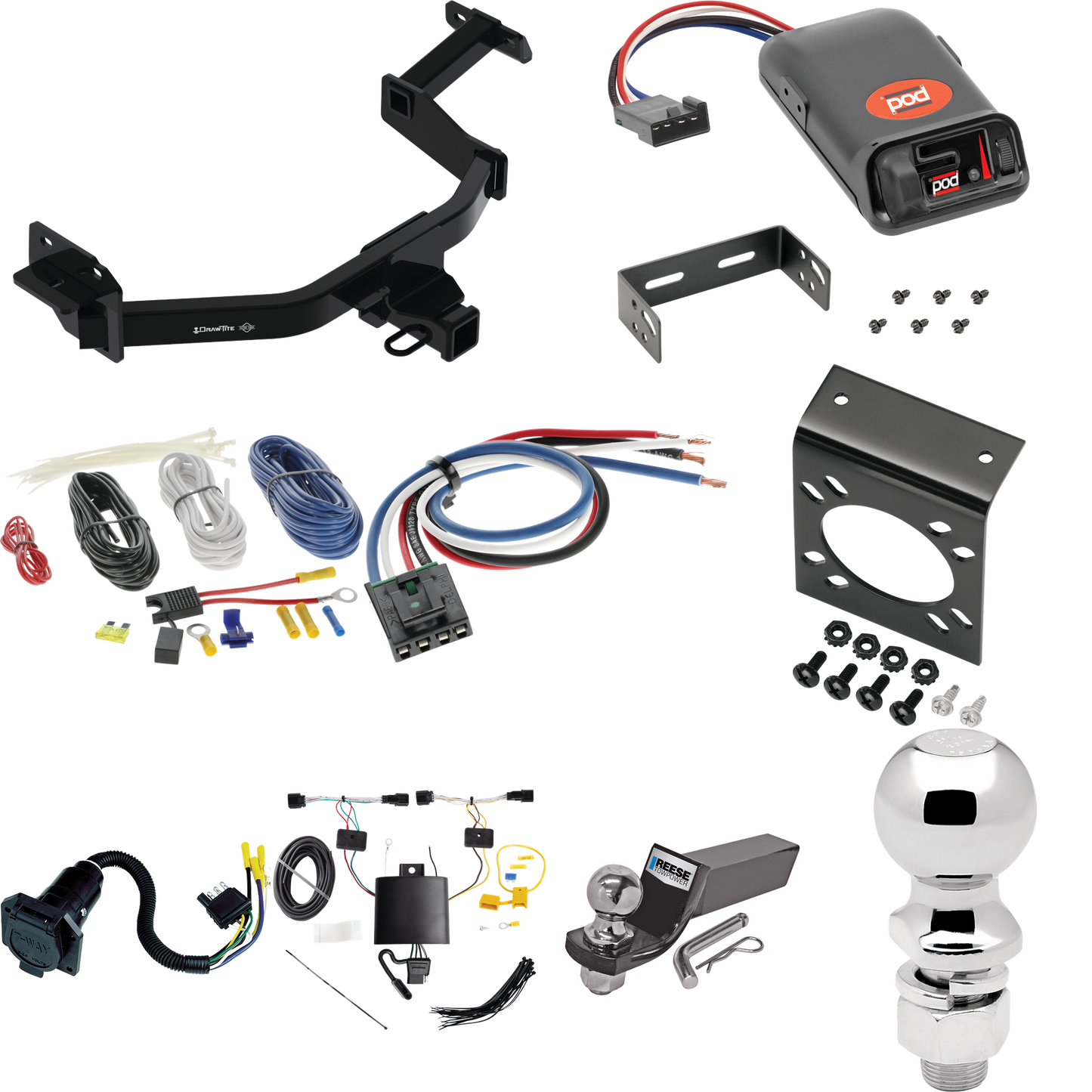 Se adapta al paquete de enganche de remolque KIA Sorento 2021-2022 con control de freno POD serie Pro + adaptador de cableado BC genérico + cableado RV de 7 vías + soporte de bola y caída de 2" y 2-5/16" de Draw-Tite