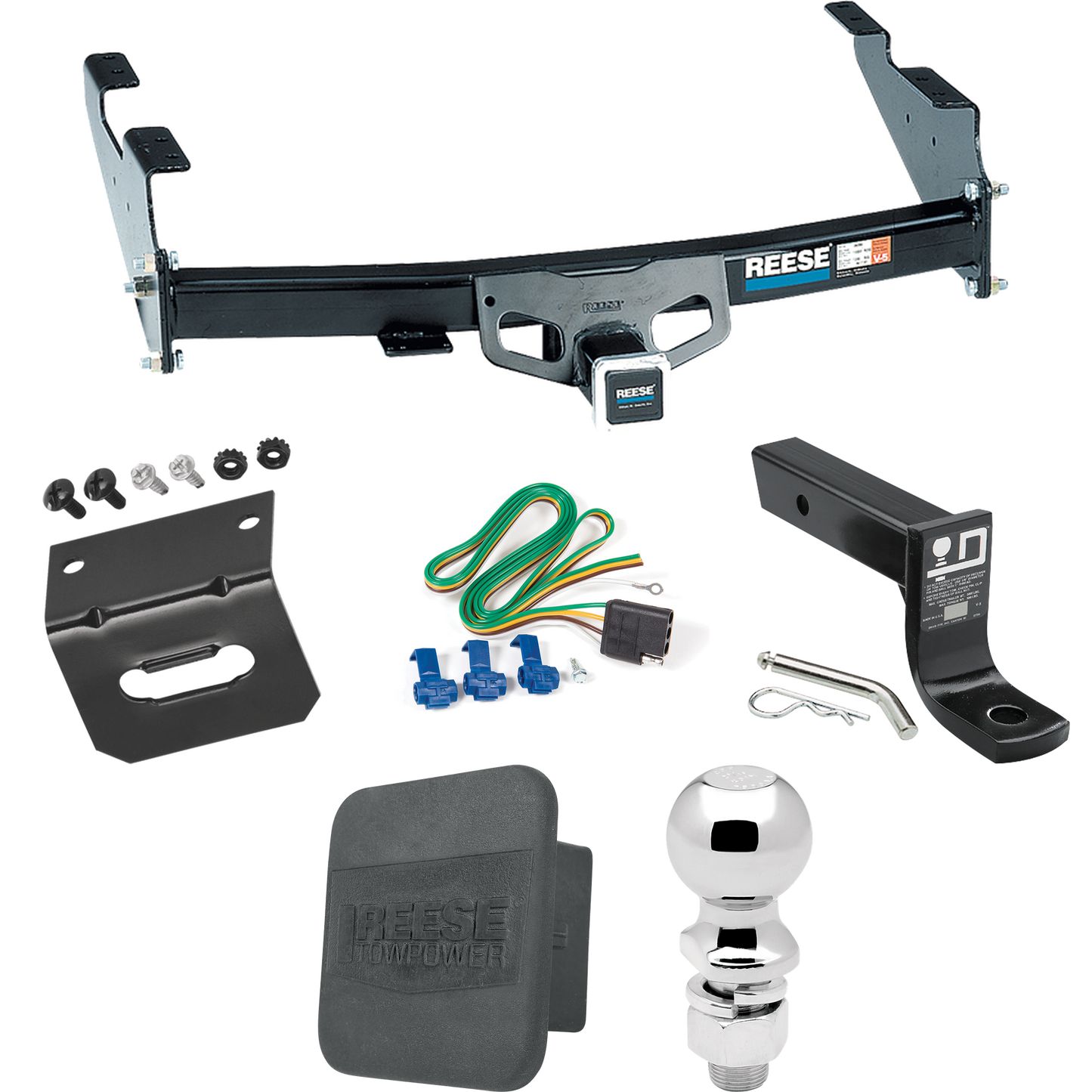 Fits 1997-1999 Ford F-250 Trailer Hitch Tow PKG w/ 4-Flat Wiring + Ball Mount w/ 4" Drop + 2-5/16" Ball + Wiring Bracket + Hitch Cover (For Styleside Models) By Reese Towpower