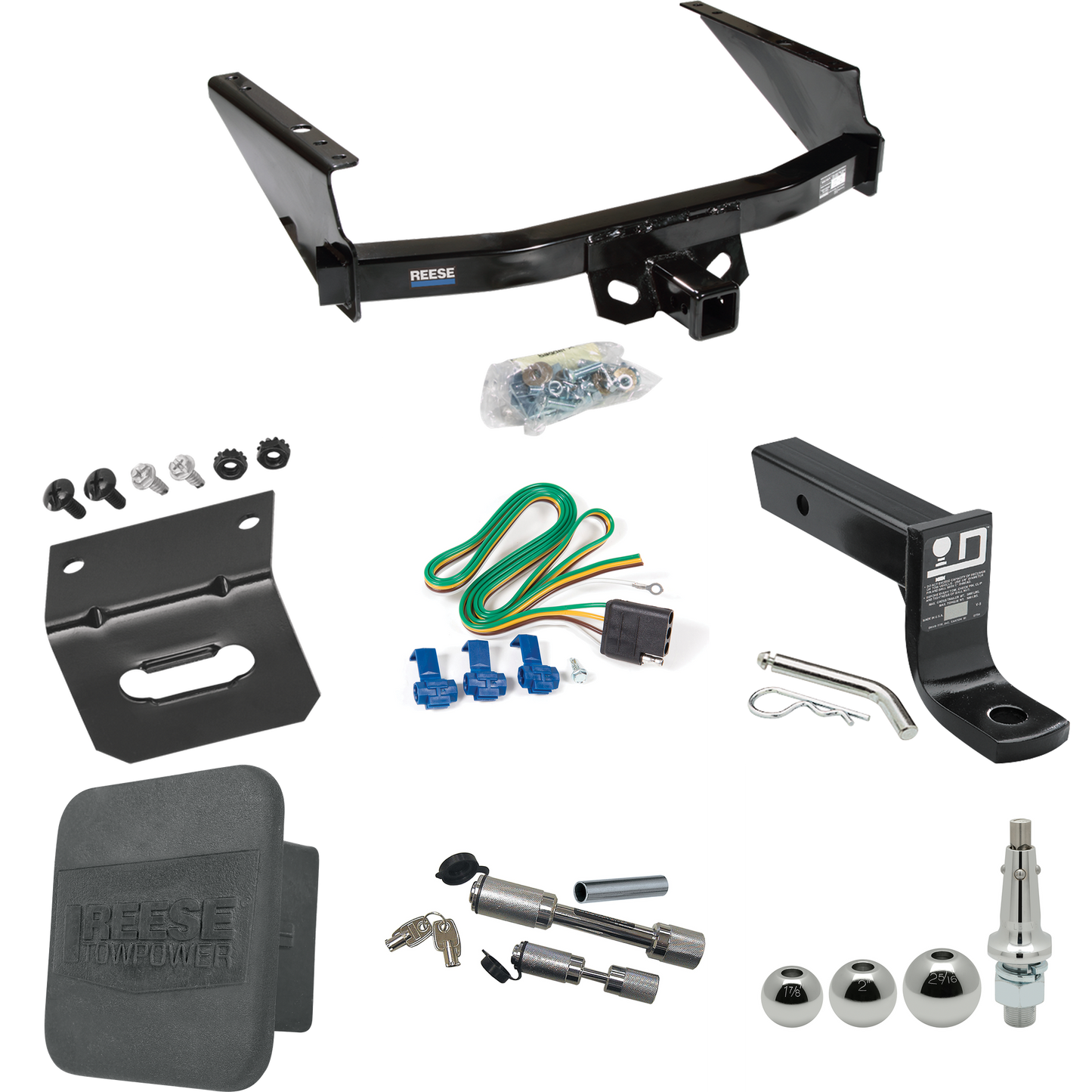 Fits 1997-1999 Ford F-250 Trailer Hitch Tow PKG w/ 4-Flat Wiring + Ball Mount w/ 4" Drop + Interchangeable Ball 1-7/8" & 2" & 2-5/16" + Wiring Bracket + Dual Hitch & Coupler Locks + Hitch Cover (For Styleside Models) By Reese Towpower