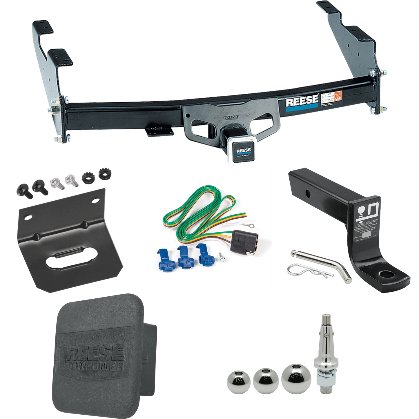 Fits 1997-1999 Ford F-250 Trailer Hitch Tow PKG w/ 4-Flat Wiring + Ball Mount w/ 4" Drop + Interchangeable Ball 1-7/8" & 2" & 2-5/16" + Wiring Bracket + Hitch Cover (For Styleside Models) By Reese Towpower