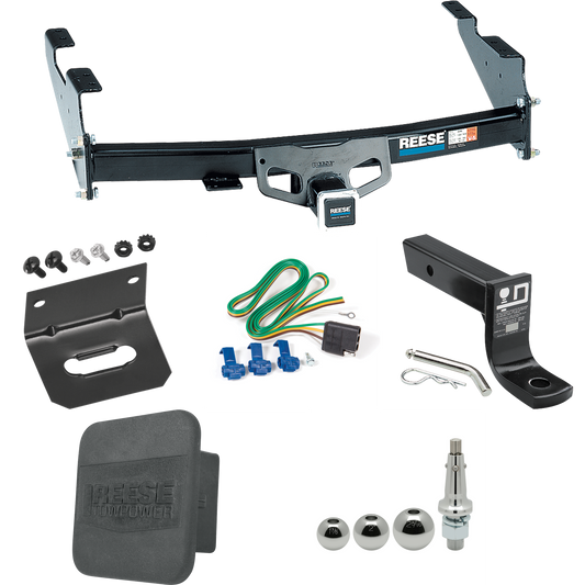 Fits 1997-1999 Ford F-250 Trailer Hitch Tow PKG w/ 4-Flat Wiring + Ball Mount w/ 4" Drop + Interchangeable Ball 1-7/8" & 2" & 2-5/16" + Wiring Bracket + Hitch Cover (For Styleside Models) By Reese Towpower