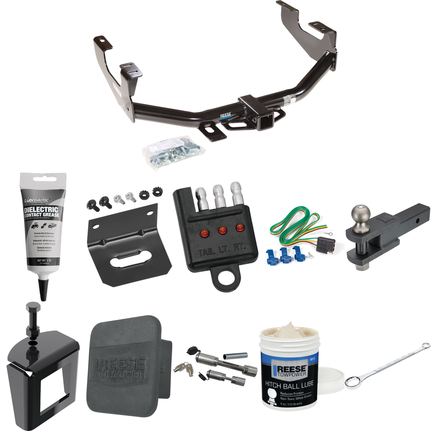 Fits 1997-2003 Ford F-150 Trailer Hitch Tow PKG w/ 4-Flat Wiring + Clevis Hitch Ball Mount w/ 2" Ball + Wiring Bracket + Hitch Cover + Dual Hitch & Coupler Locks + Wiring Tester + Ball Lube + Electric Grease + Ball Wrench + Anti Rattle Device (For St