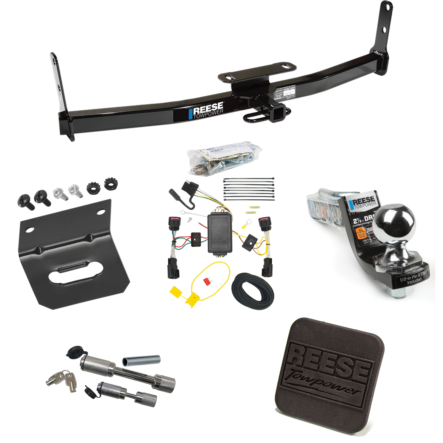 Fits 2010-2017 Chevrolet Equinox Trailer Hitch Tow PKG w/ 4-Flat Wiring Harness + Interlock Starter Kit w/ 2" Ball 2-1/2" Drop 2" Rise + Wiring Bracket + Hitch Cover + Dual Hitch & Coupler Locks By Reese Towpower