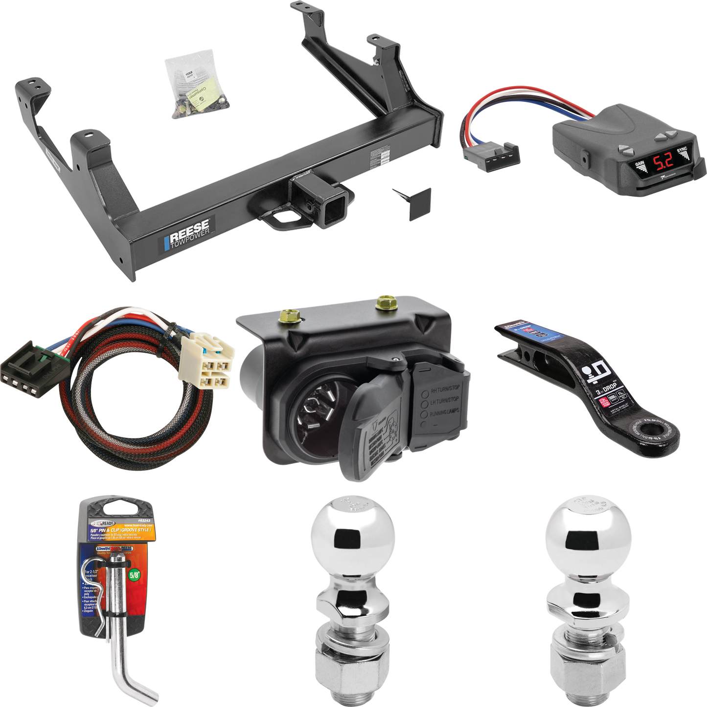 Fits 2015-2019 Chevrolet Silverado 2500 HD Trailer Hitch Tow PKG w/ Tekonsha Brakeman IV Brake Control + Plug & Play BC Adapter + 7-Way RV Wiring + 2" & 2-5/16" Ball & Drop Mount By Reese Towpower