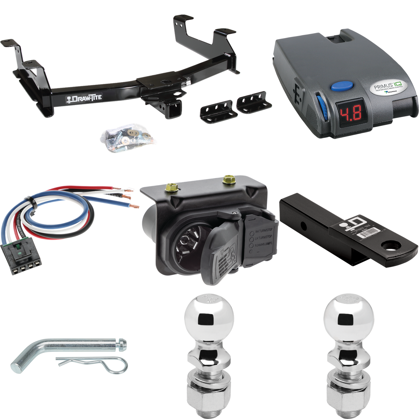 Fits 2011-2014 Chevrolet Silverado 3500 HD Trailer Hitch Tow PKG w/ Tekonsha Primus IQ Brake Control + Generic BC Wiring Adapter + 7-Way RV Wiring + 2" & 2-5/16" Ball & Drop Mount By Draw-Tite