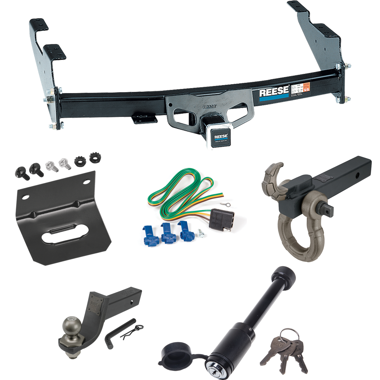 Fits 1997-2003 Ford F-150 Trailer Hitch Tow PKG w/ 4-Flat Wiring + Interlock Tactical Starter Kit w/ 3-1/4" Drop & 2" Ball + Tactical Hook & Shackle Mount + Tactical Dogbone Lock + Wiring Bracket (For Styleside Models) By Reese Towpower