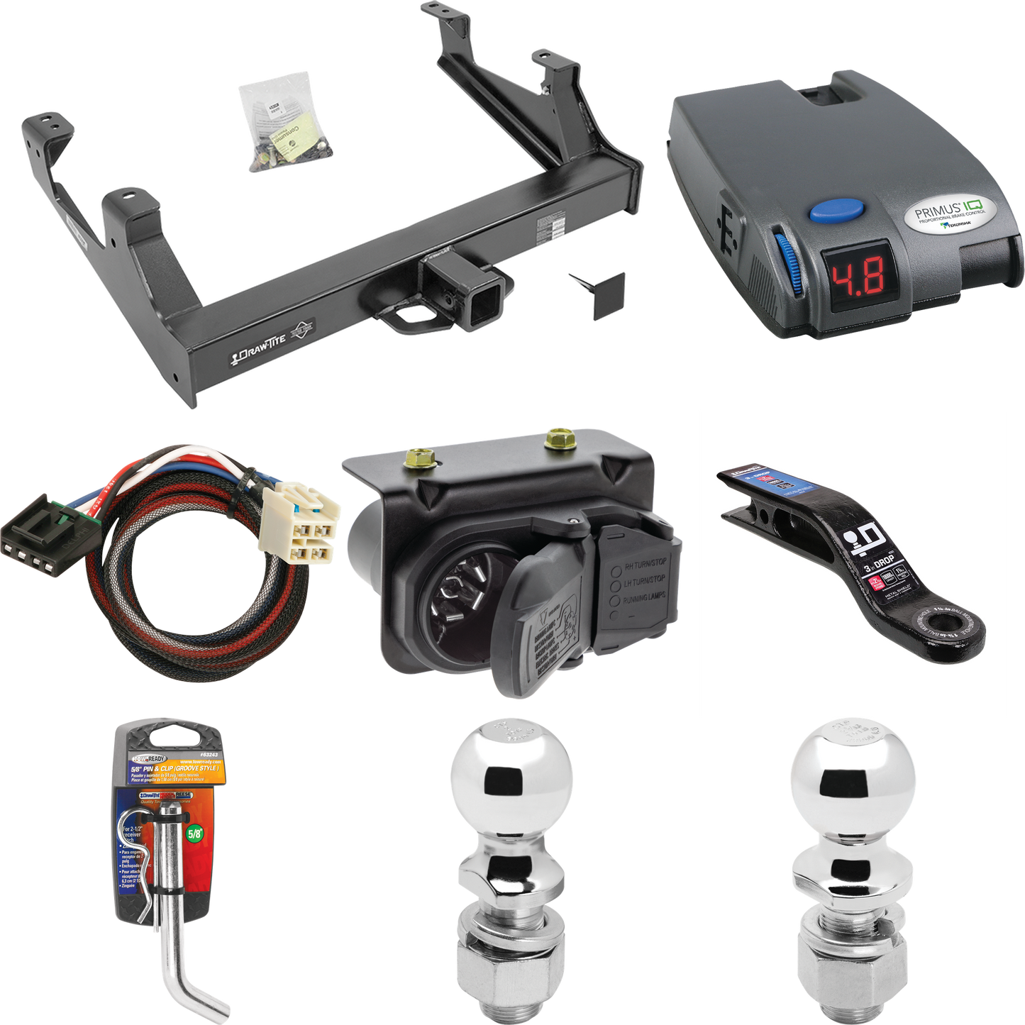 Se adapta al paquete de enganche de remolque Chevrolet Silverado 2500 HD 2015-2019 con control de freno Tekonsha Primus IQ + adaptador BC Plug &amp; Play + cableado RV de 7 vías + soporte de bola y caída de 2" y 2-5/16" de Draw-Tite