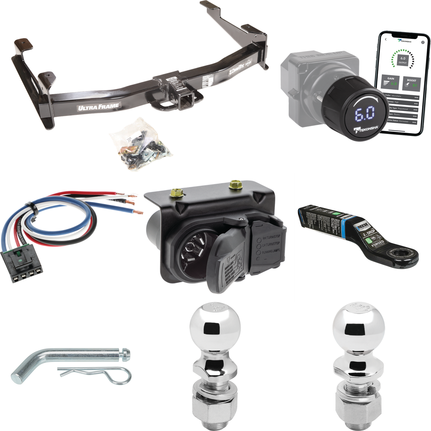 Fits 2007-2010 GMC Sierra 3500 HD Trailer Hitch Tow PKG w/ Tekonsha Prodigy iD Bluetooth Wireless Brake Control + Generic BC Wiring Adapter + 7-Way RV Wiring + 2" & 2-5/16" Ball & Drop Mount By Draw-Tite