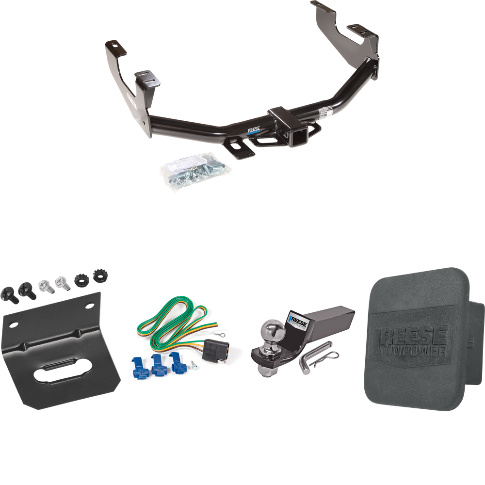 Fits 1999-2007 Ford F-250 Super Duty Trailer Hitch Tow PKG w/ 4-Flat Wiring + Starter Kit Ball Mount w/ 2" Drop & 2" Ball + Wiring Bracket + Hitch Cover (Excludes: Cab & Chassis Models) By Reese Towpower