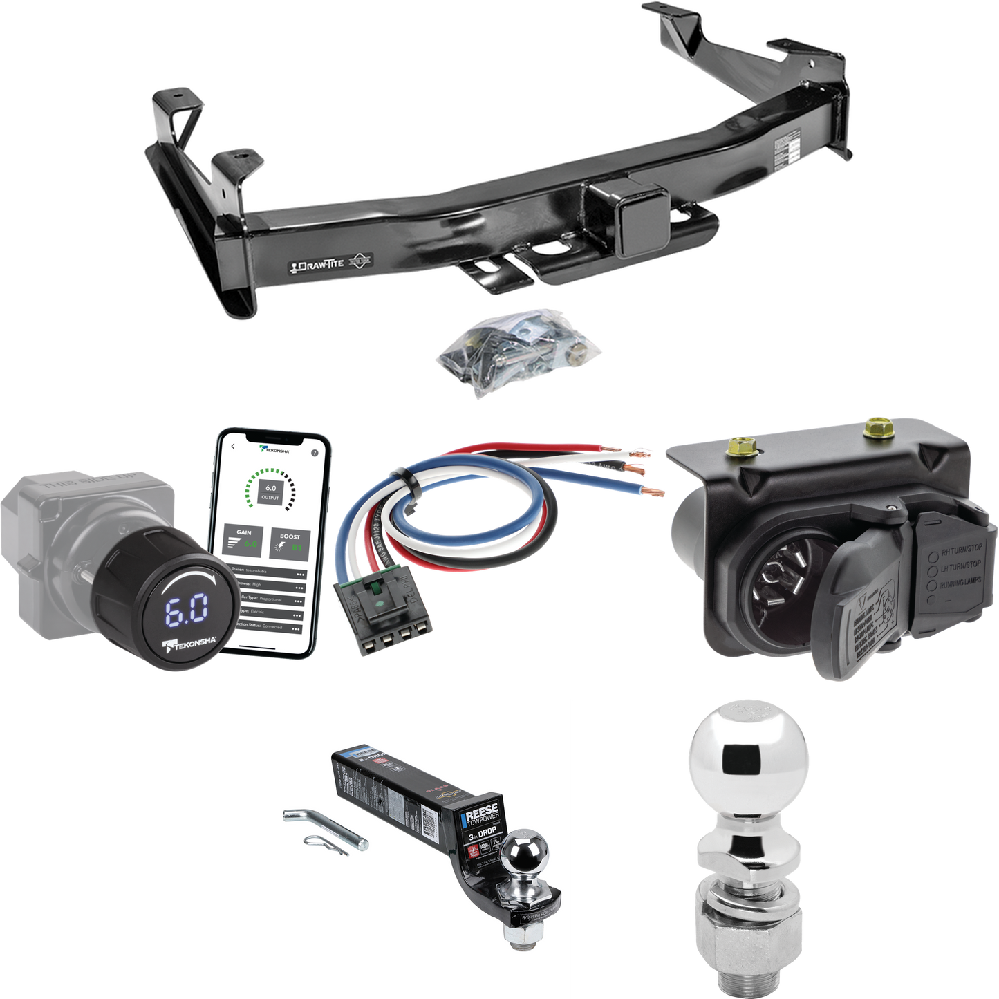 Fits 2007-2010 GMC Sierra 3500 HD Trailer Hitch Tow PKG w/ Tekonsha Prodigy iD Bluetooth Wireless Brake Control + Generic BC Wiring Adapter + 7-Way RV Wiring + 2" & 2-5/16" Ball & Drop Mount By Draw-Tite