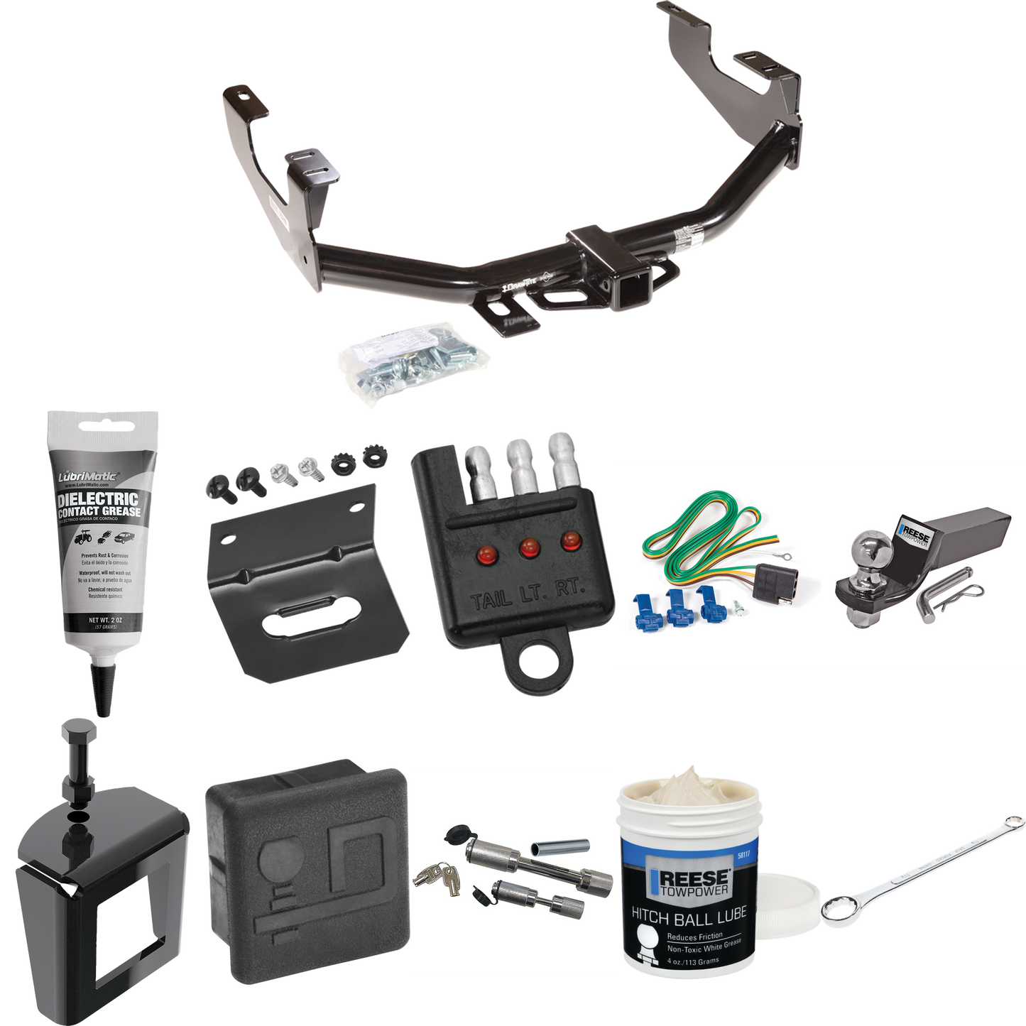 Fits 2004-2004 Ford F-150 Heritage Trailer Hitch Tow PKG w/ 4-Flat Wiring + Starter Kit Ball Mount w/ 2" Drop & 2" Ball + Wiring Bracket + Hitch Cover + Dual Hitch & Coupler Locks + Wiring Tester + Ball Lube + Electric Grease + Ball Wrench + Anti Rat