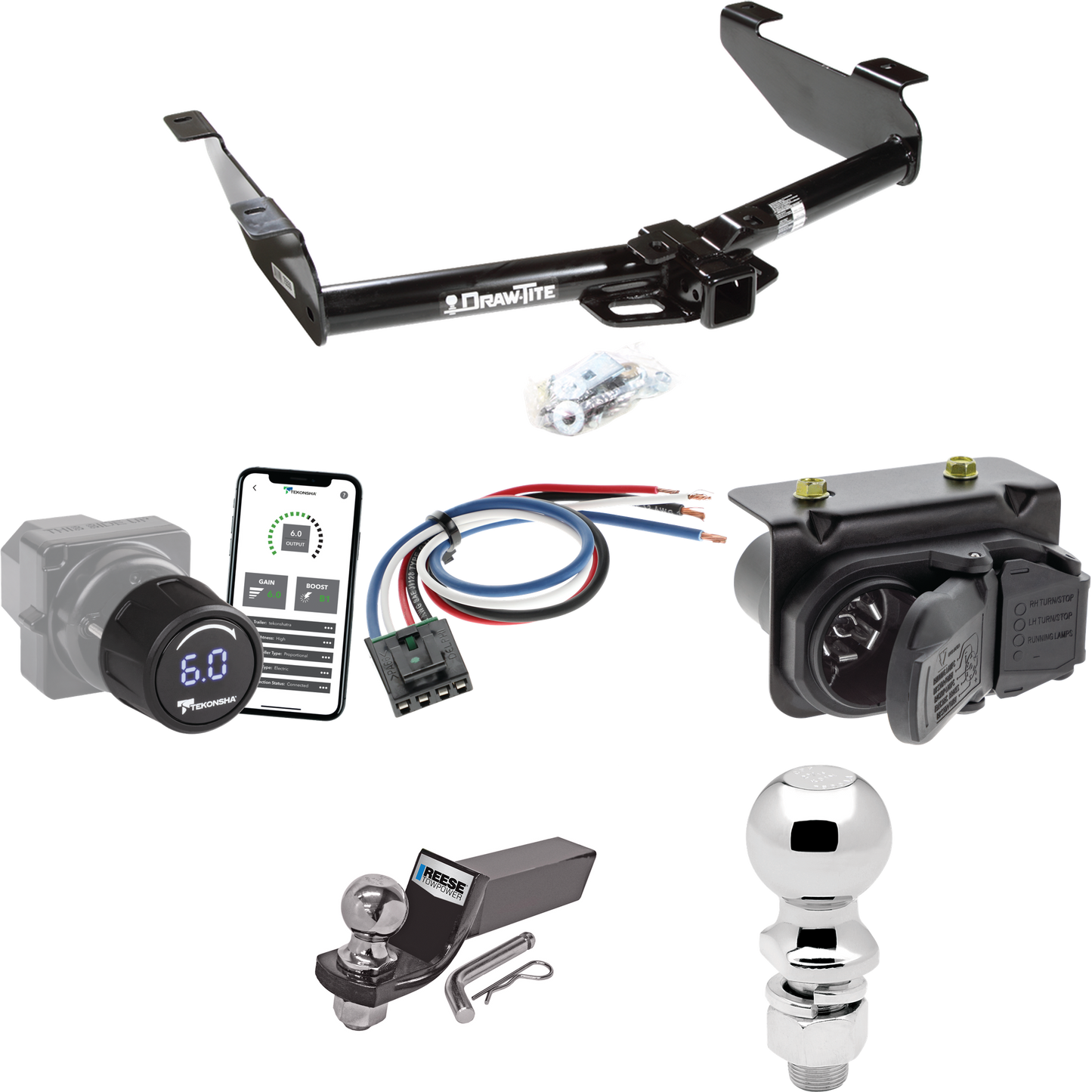 Fits 2007-2010 GMC Sierra 2500 HD Trailer Hitch Tow PKG w/ Tekonsha Prodigy iD Bluetooth Wireless Brake Control + Generic BC Wiring Adapter + 7-Way RV Wiring + 2" & 2-5/16" Ball & Drop Mount By Draw-Tite