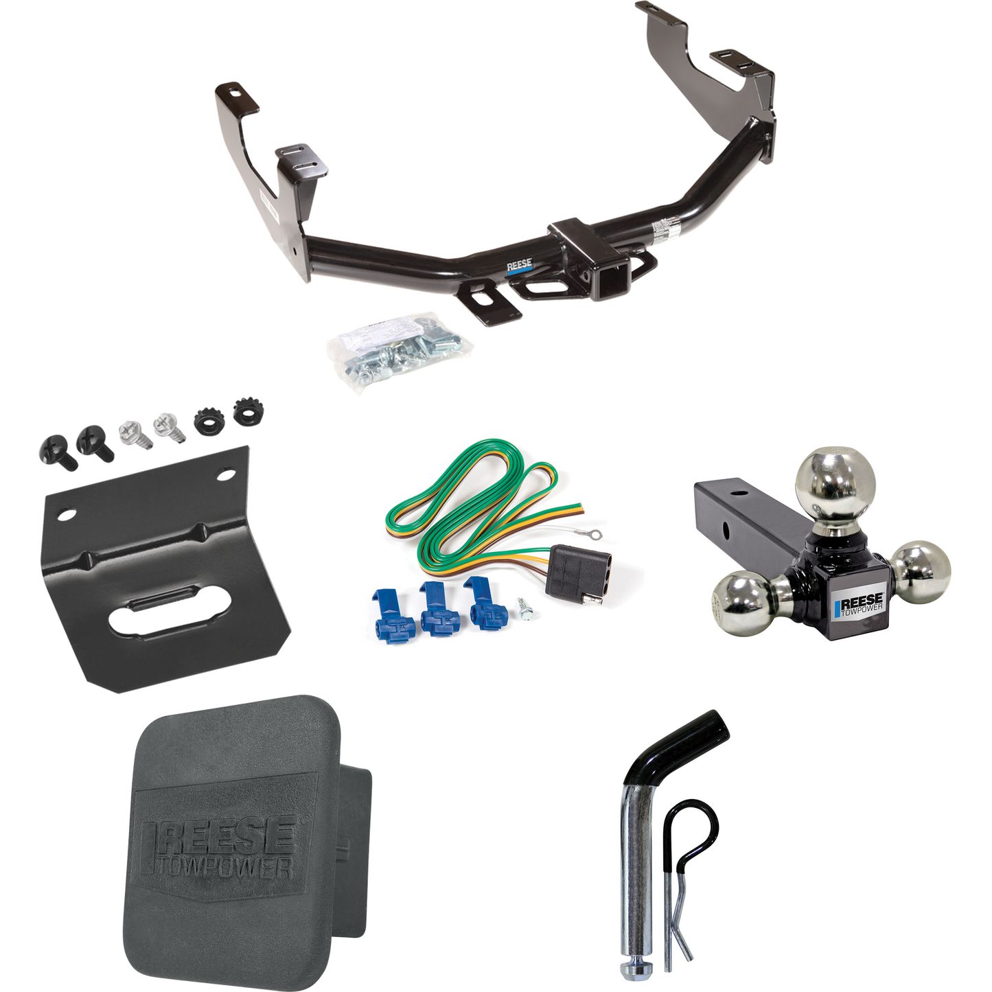 Fits 1999-2007 Ford F-250 Super Duty Trailer Hitch Tow PKG w/ 4-Flat Wiring + Triple Ball Ball Mount 1-7/8" & 2" & 2-5/16" Trailer Balls + Pin/Clip + Wiring Bracket + Hitch Cover (Excludes: Cab & Chassis Models) By Reese Towpower