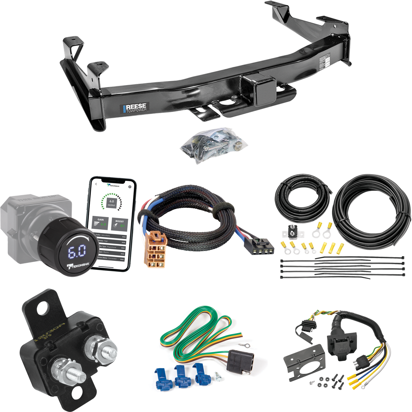 Fits 2001-2002 Chevrolet Silverado 2500 HD Trailer Hitch Tow PKG w/ Tekonsha Prodigy iD Bluetooth Wireless Brake Control + Plug & Play BC Adapter + 7-Way RV Wiring By Reese Towpower